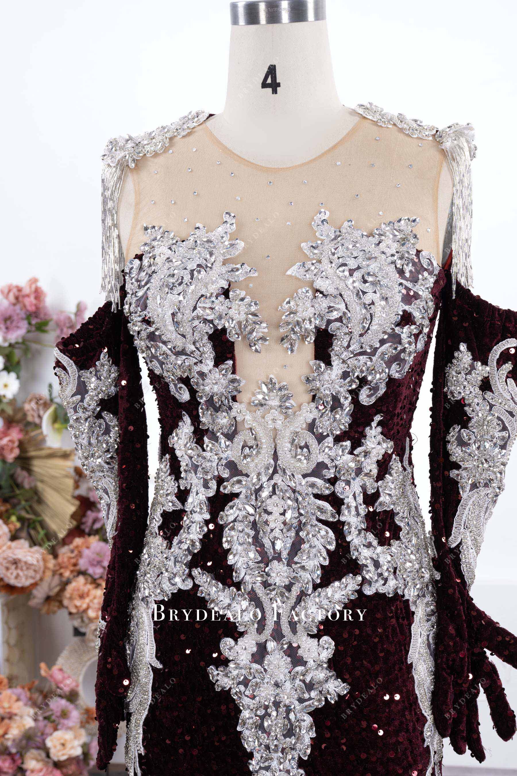 burgundy sequin illusion neck prom dress