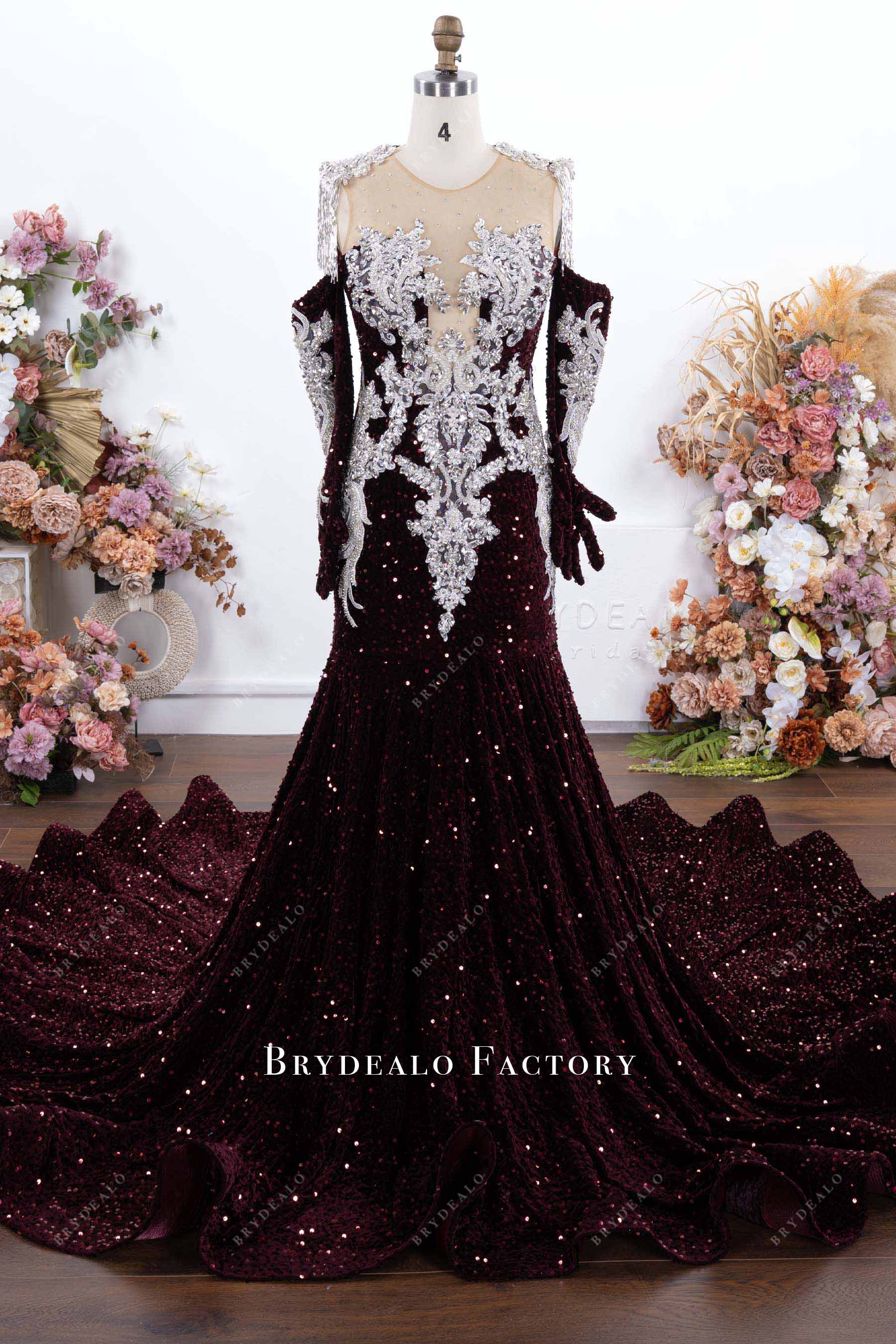 burgundy sequin off shoulder prom dress