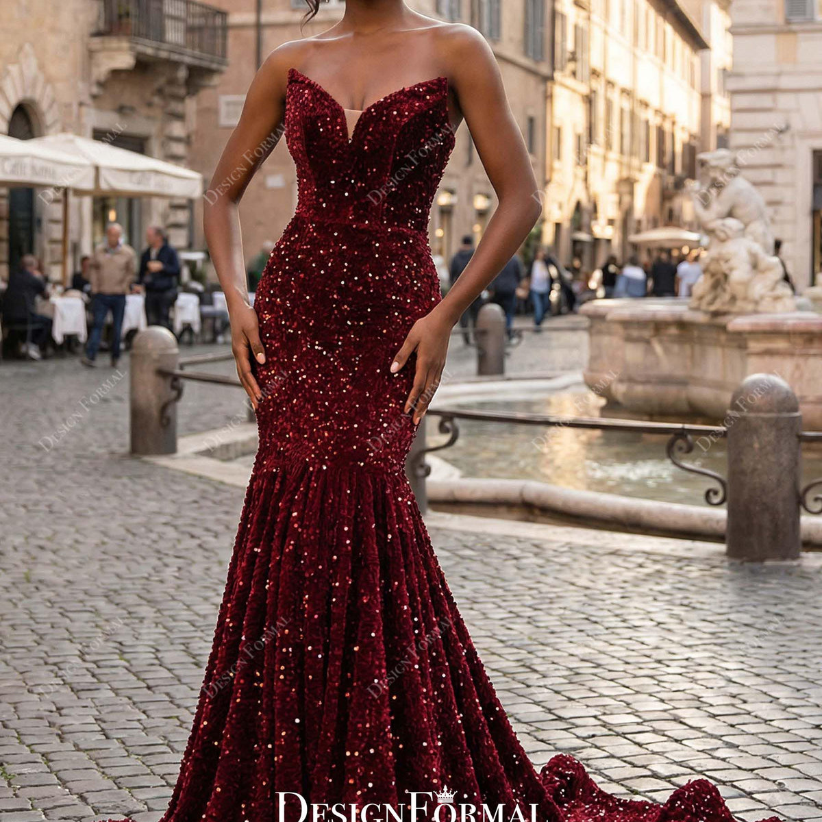 Sparkly Burgundy Sequin Strapless Mermaid Prom Dress