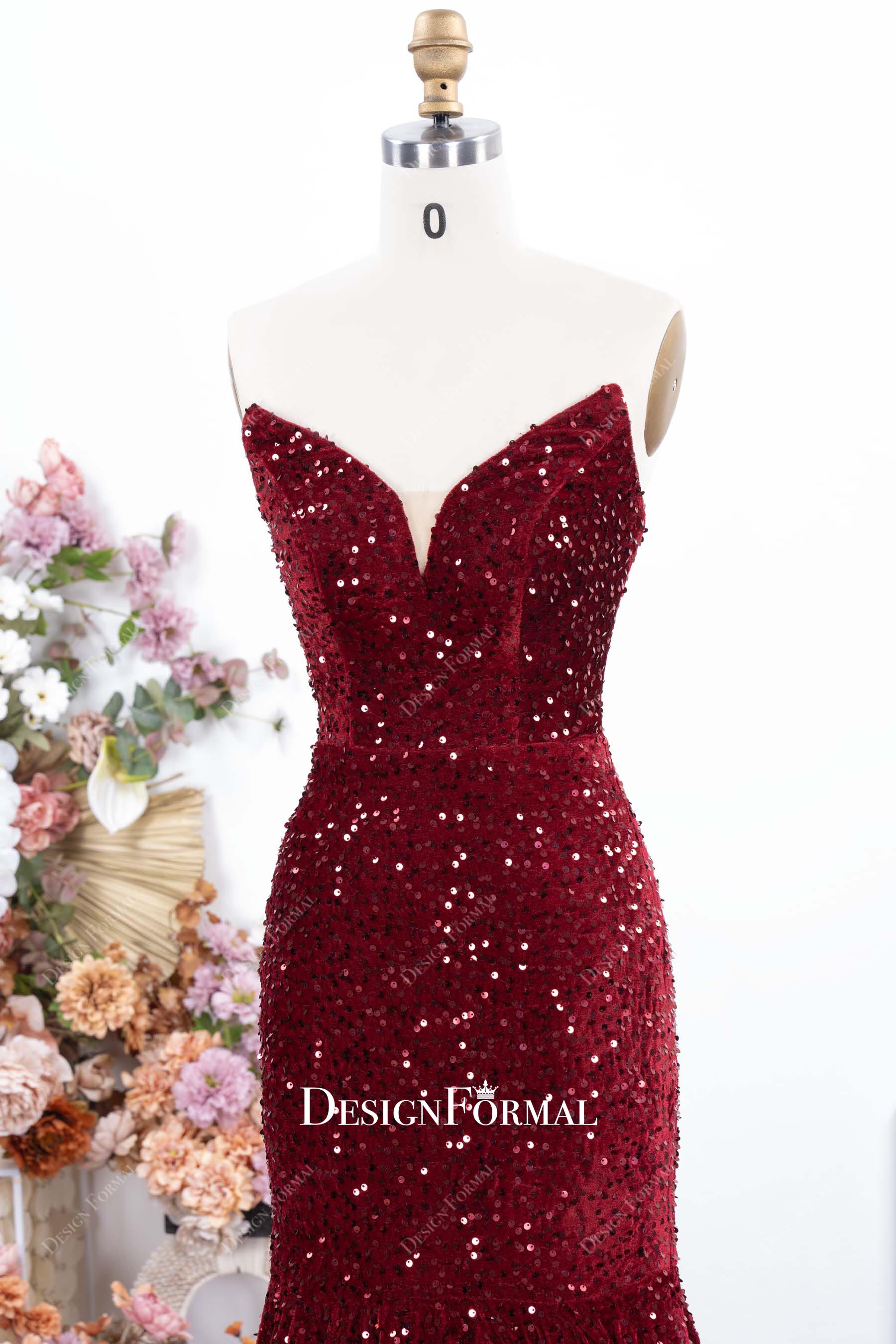 burgundy sequin v neck trumpet prom dress