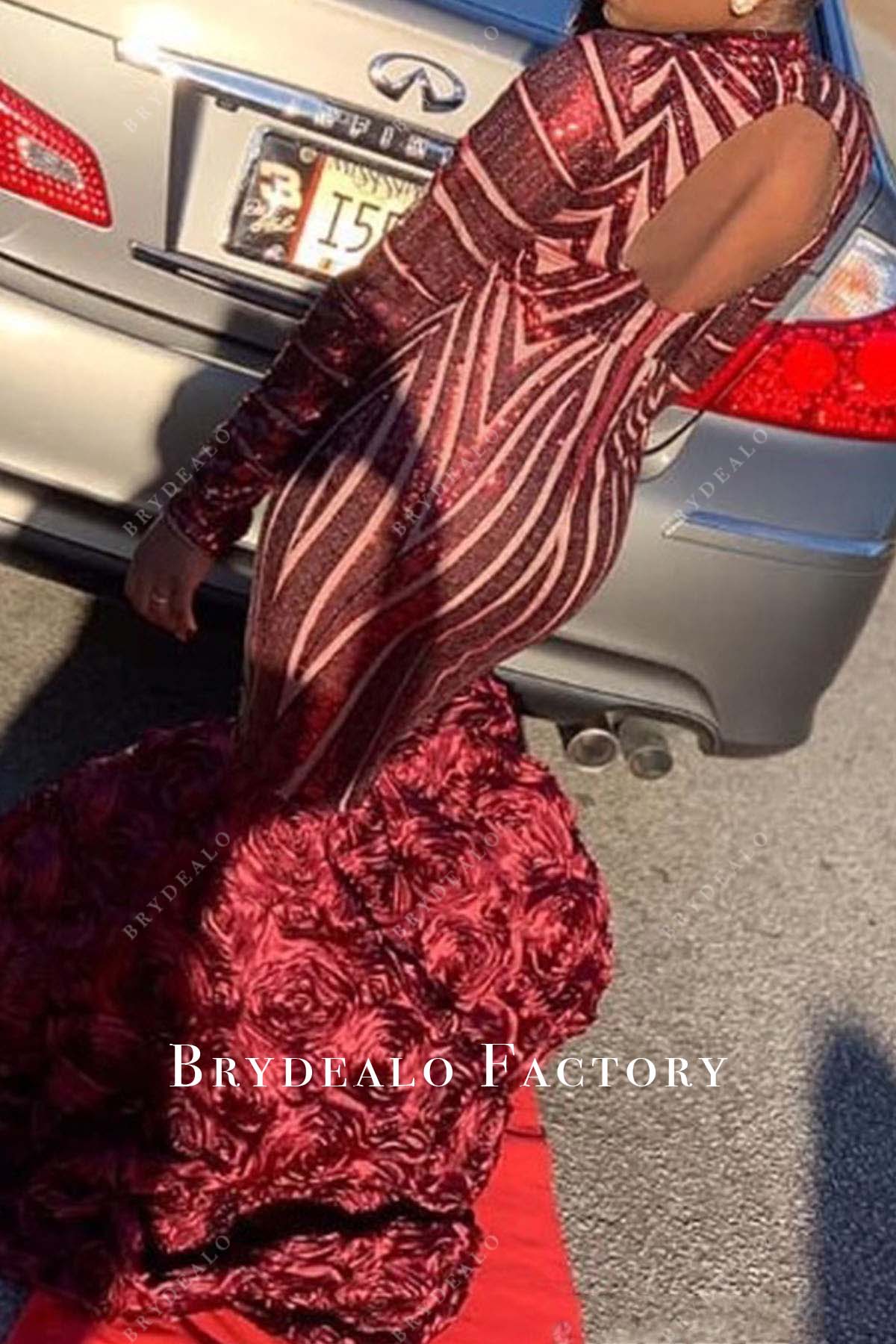 burgundy sequined keyhole back trumpet prom dress