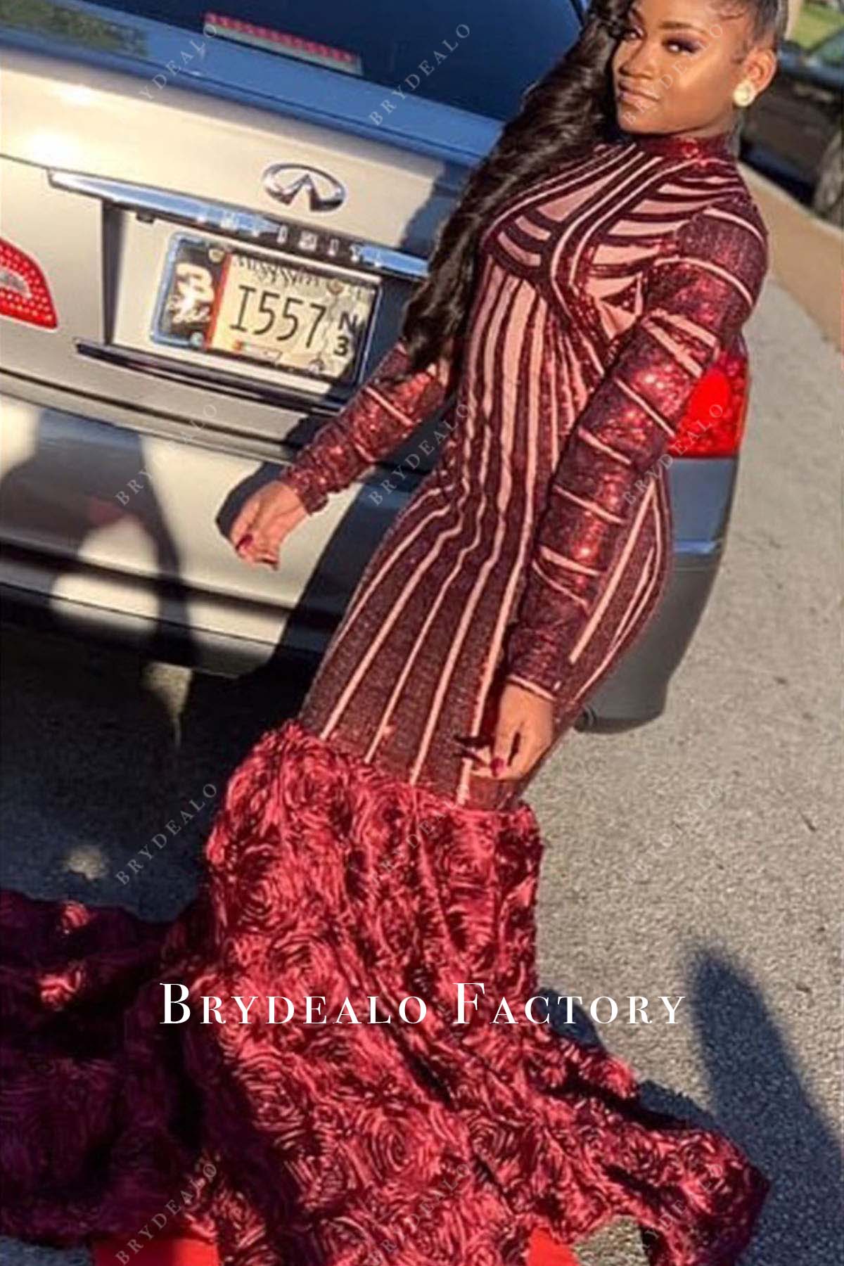 burgundy sequined long sleeves trumpet prom dress