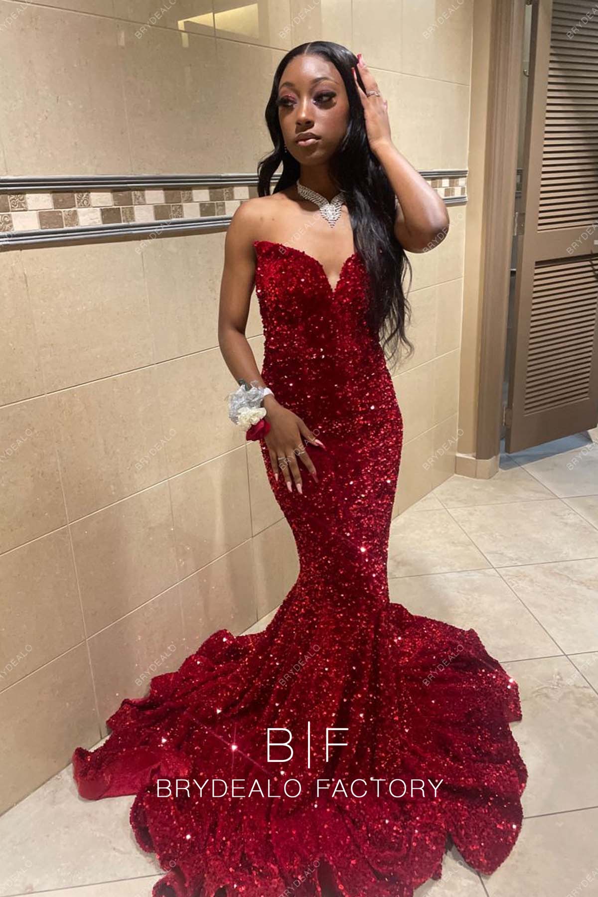 Burgundy Sequins Sparkly Strapless Mermaid Long Train Prom Dress