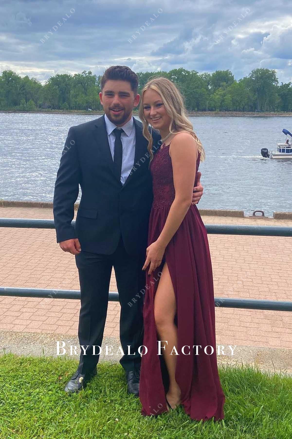 burgundy slit a line prom dress