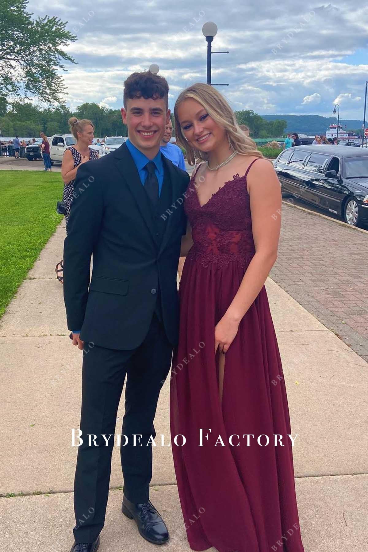 burgundy spaghetti straps prom dress