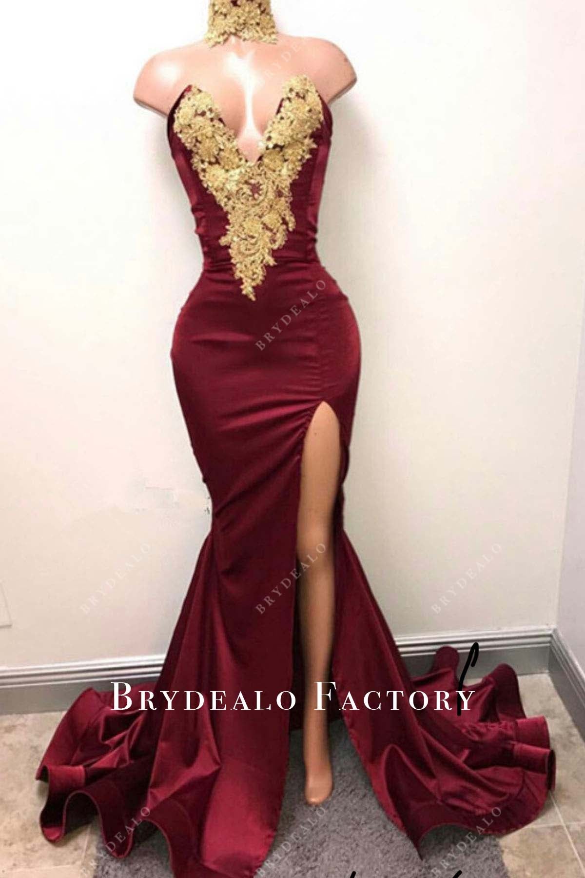 burgundy strapless slit prom dress