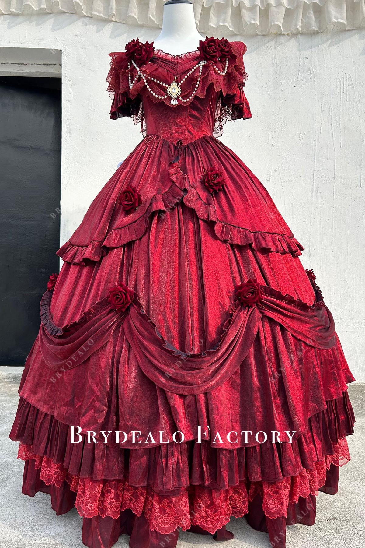 burgundy v neck puffy a line lolita dress