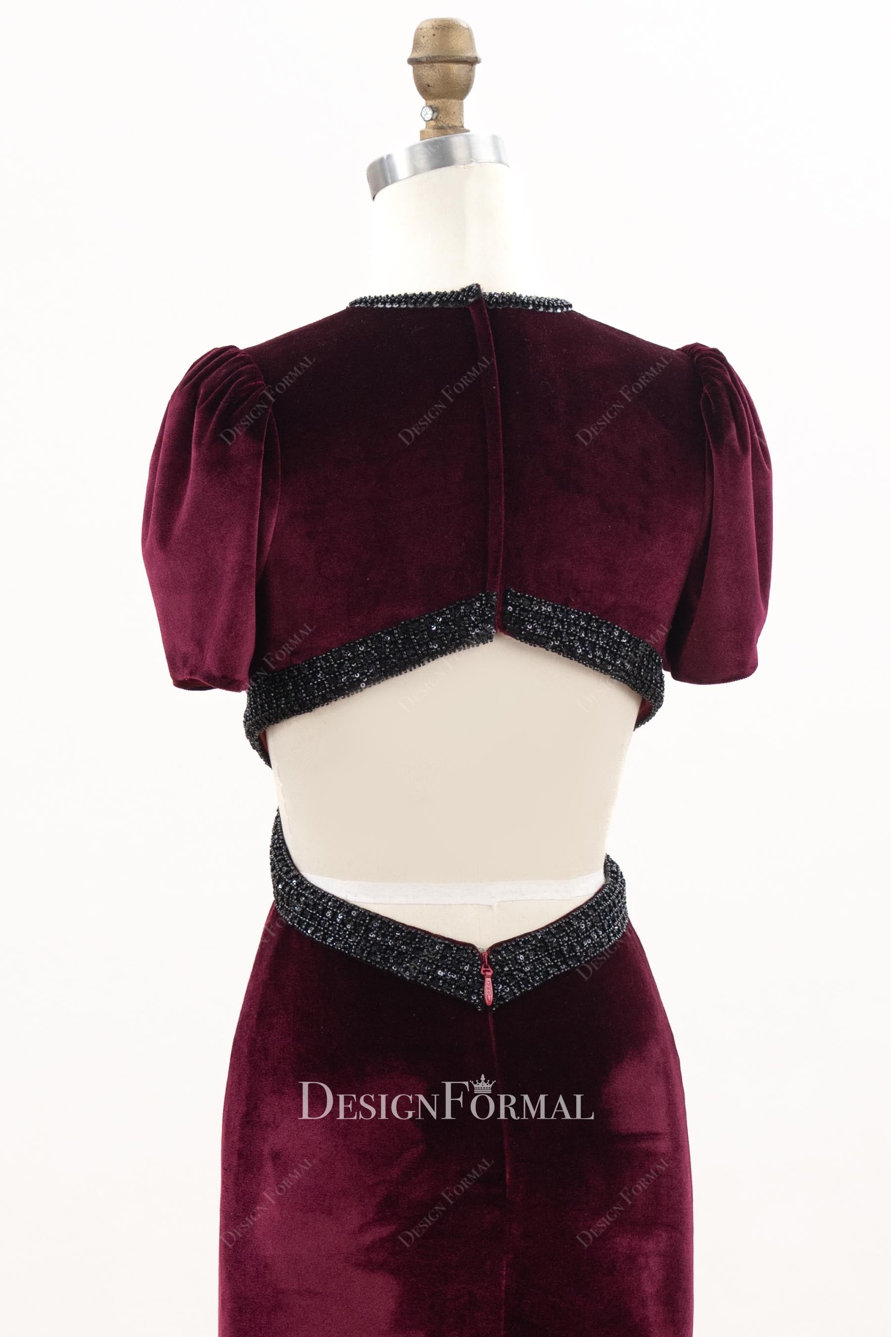 burgundy velvet beaded trim formal dress