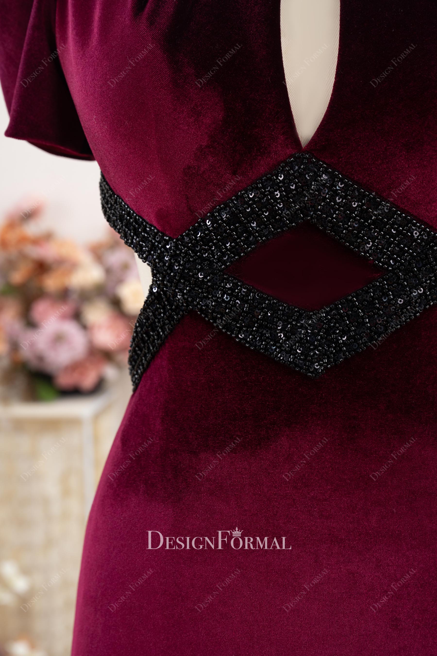 burgundy velvet keyhole formal dress