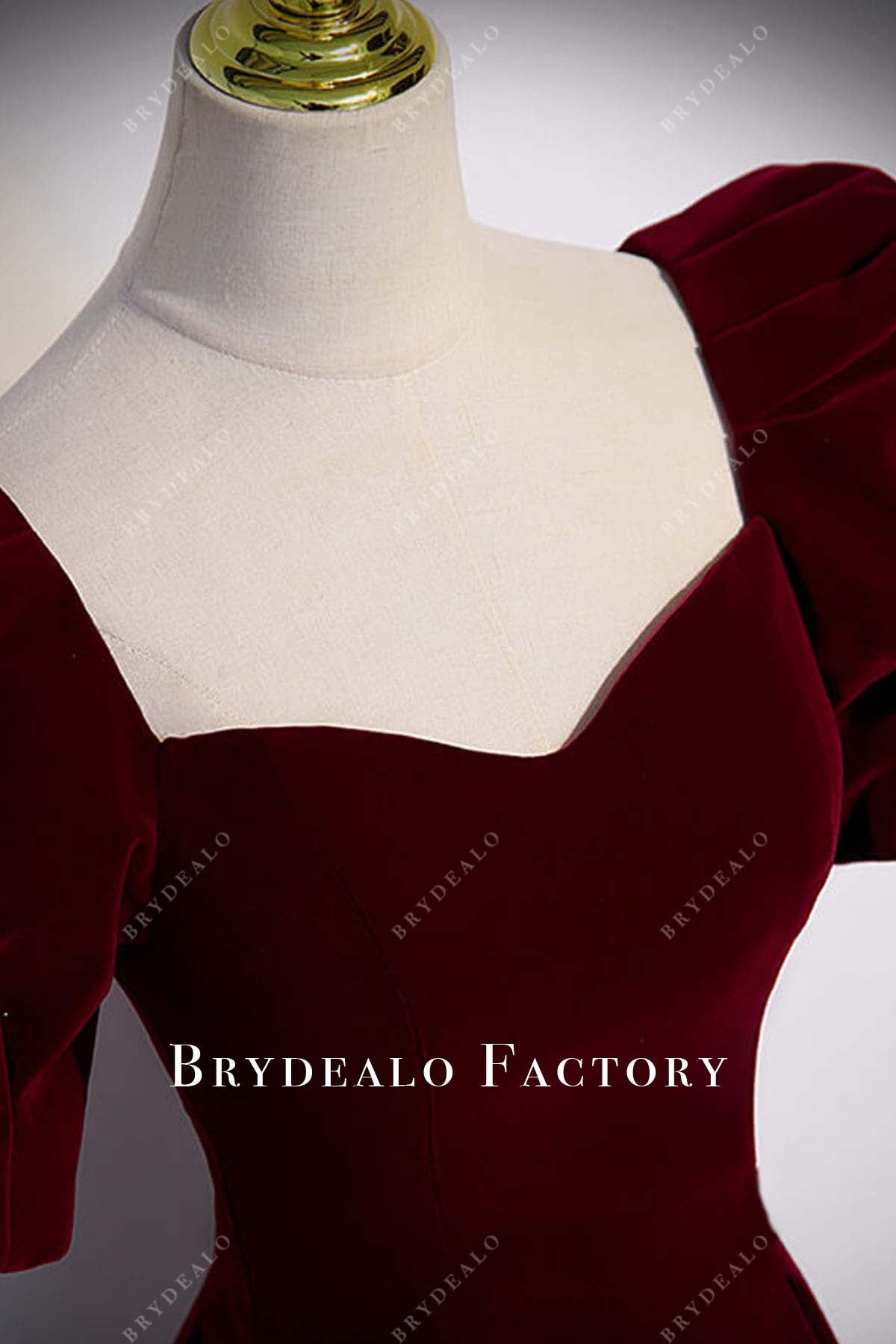 burgundy velvet queen anne neck prom dress