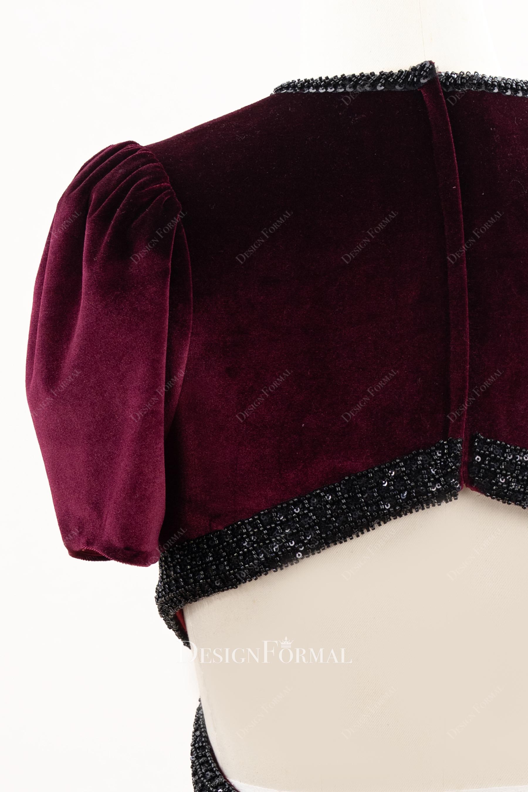 burgundy velvet short sleeve formal dress
