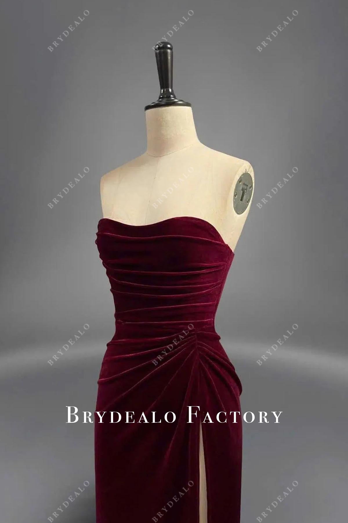 burgundy velvet split prom dress 