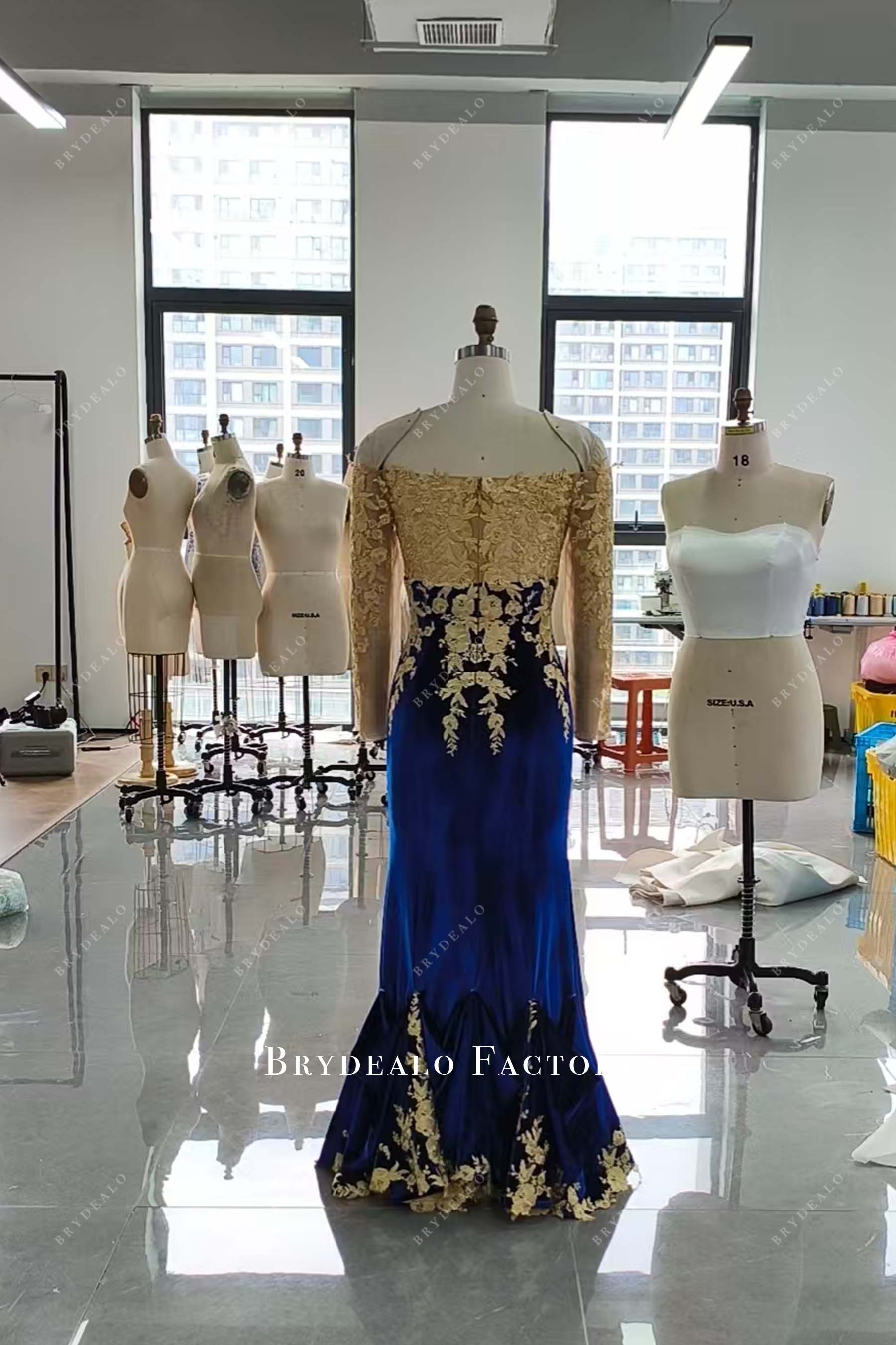 bustle up mermaid blue velvet wedding reception dress