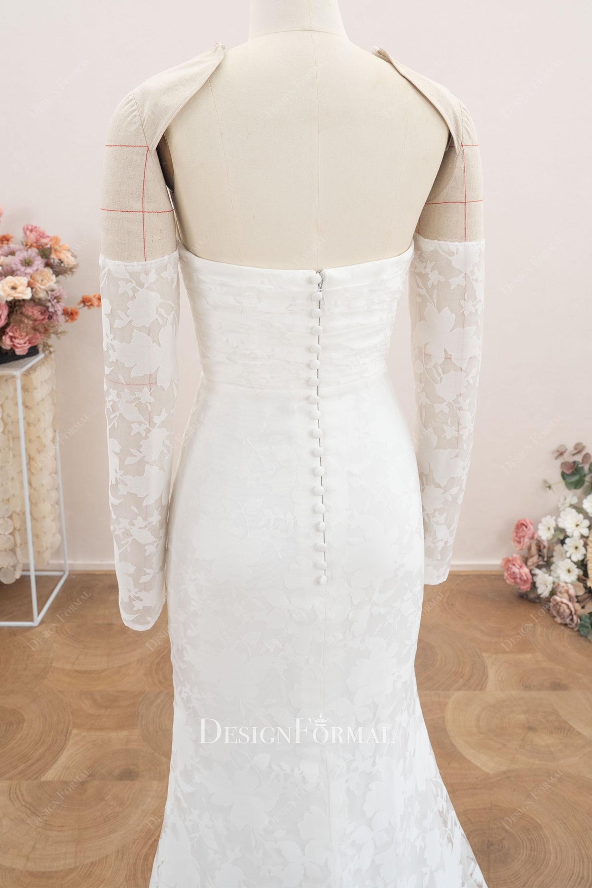 buttoned back fit flare bridal dress