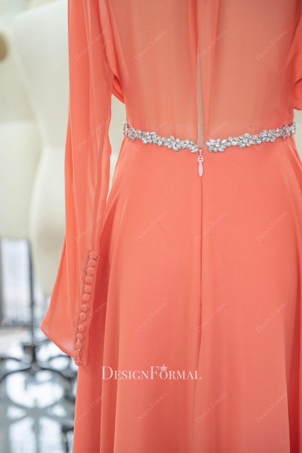 buttoned cuff evening dress