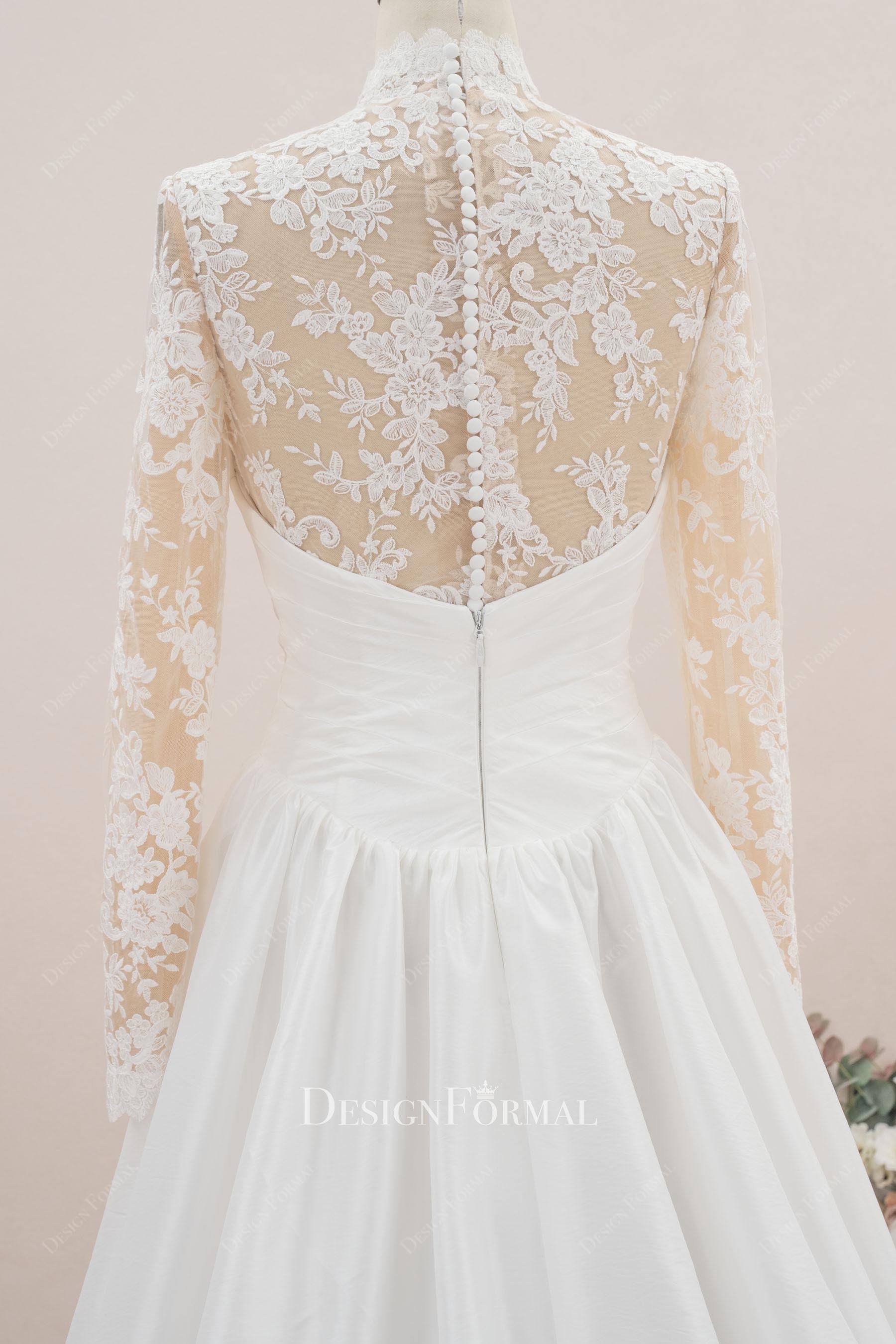 buttoned lace sheer back wedding dress