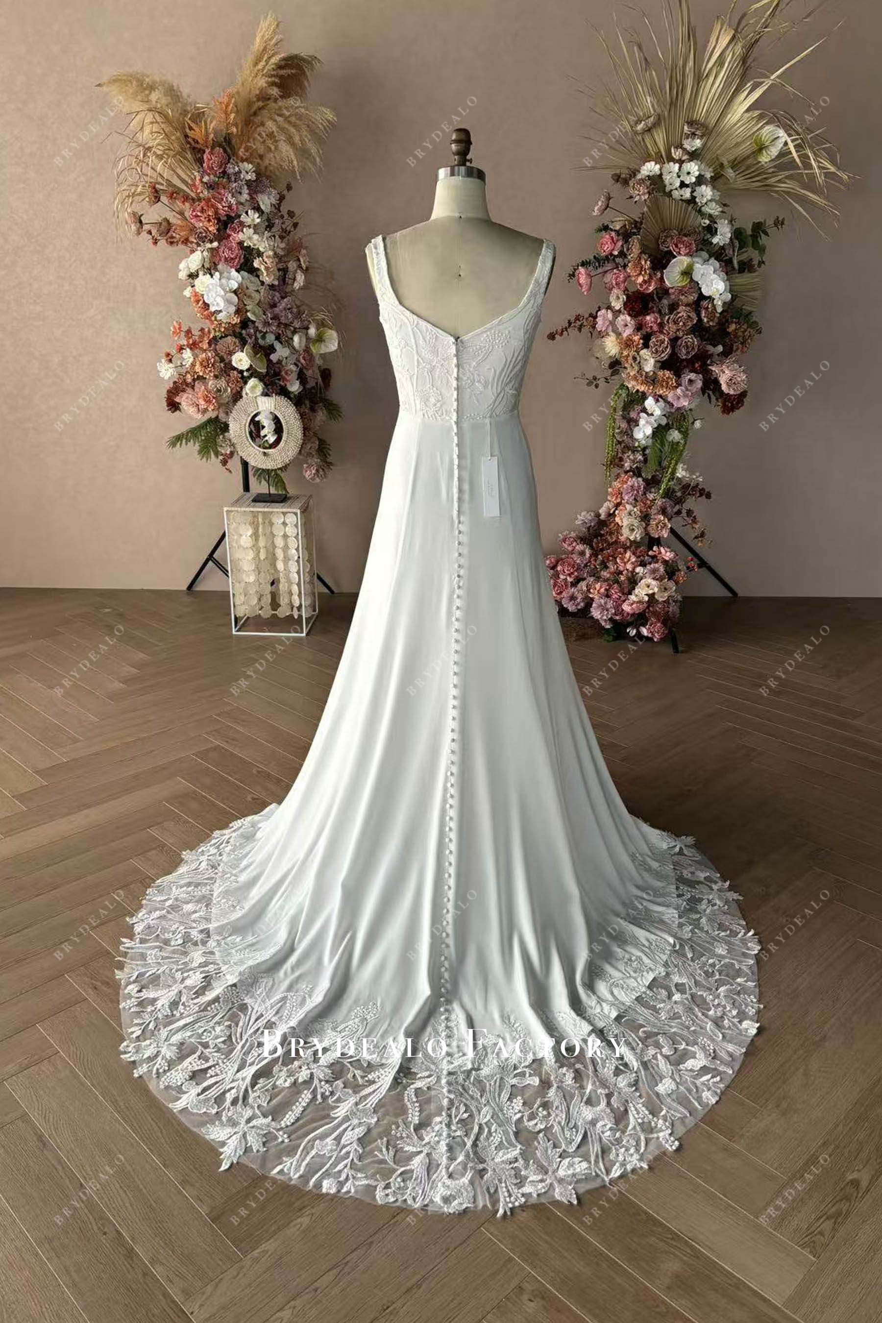 buttoned lace sheer train wedding dress