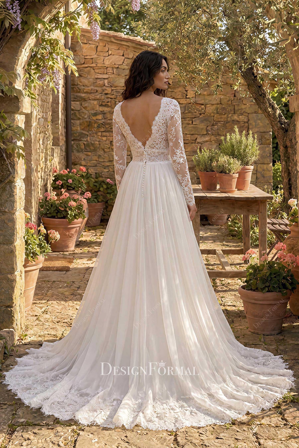 buttoned  v back wedding dress