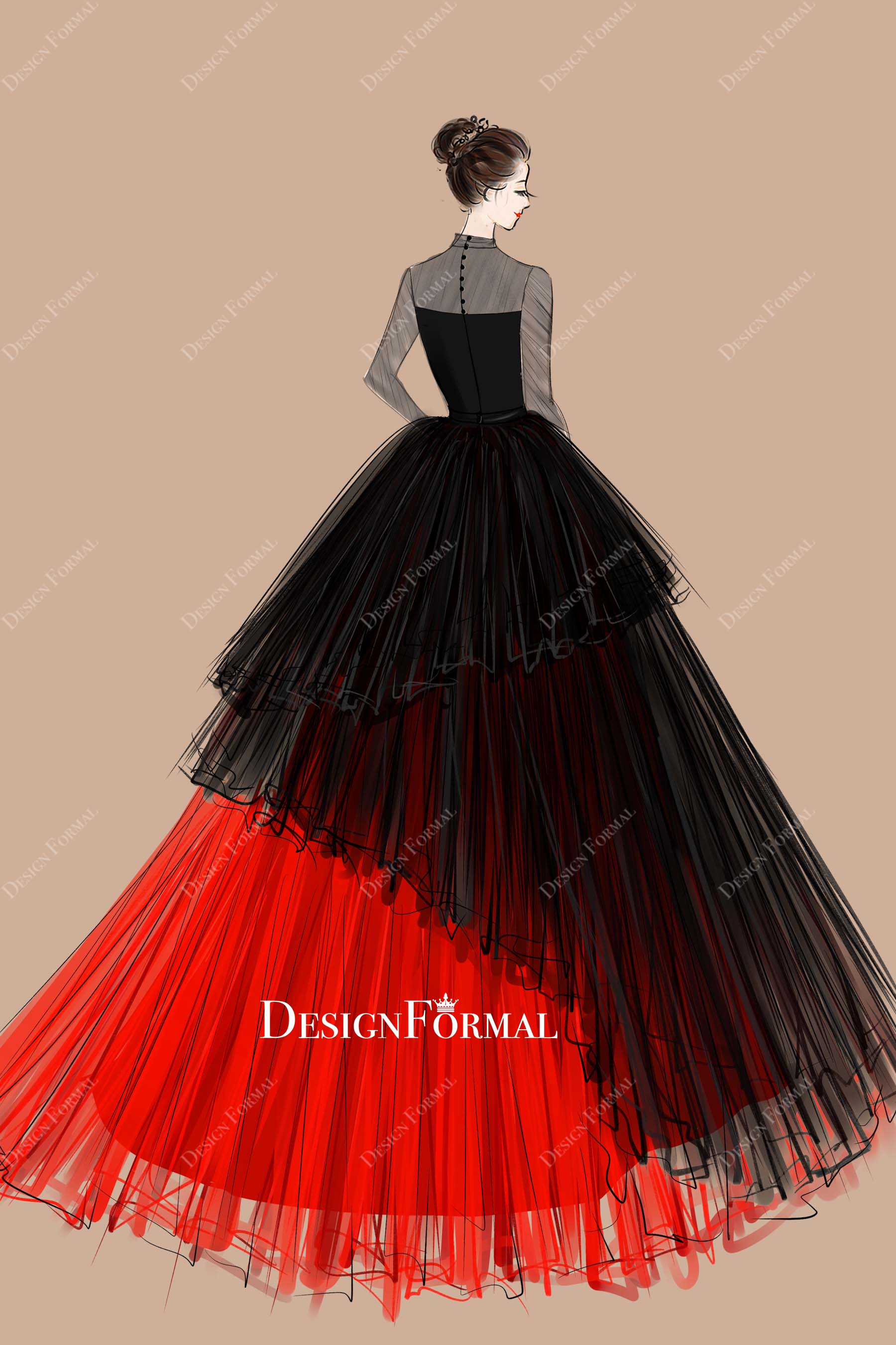 buttons back two tone prom dress sketch