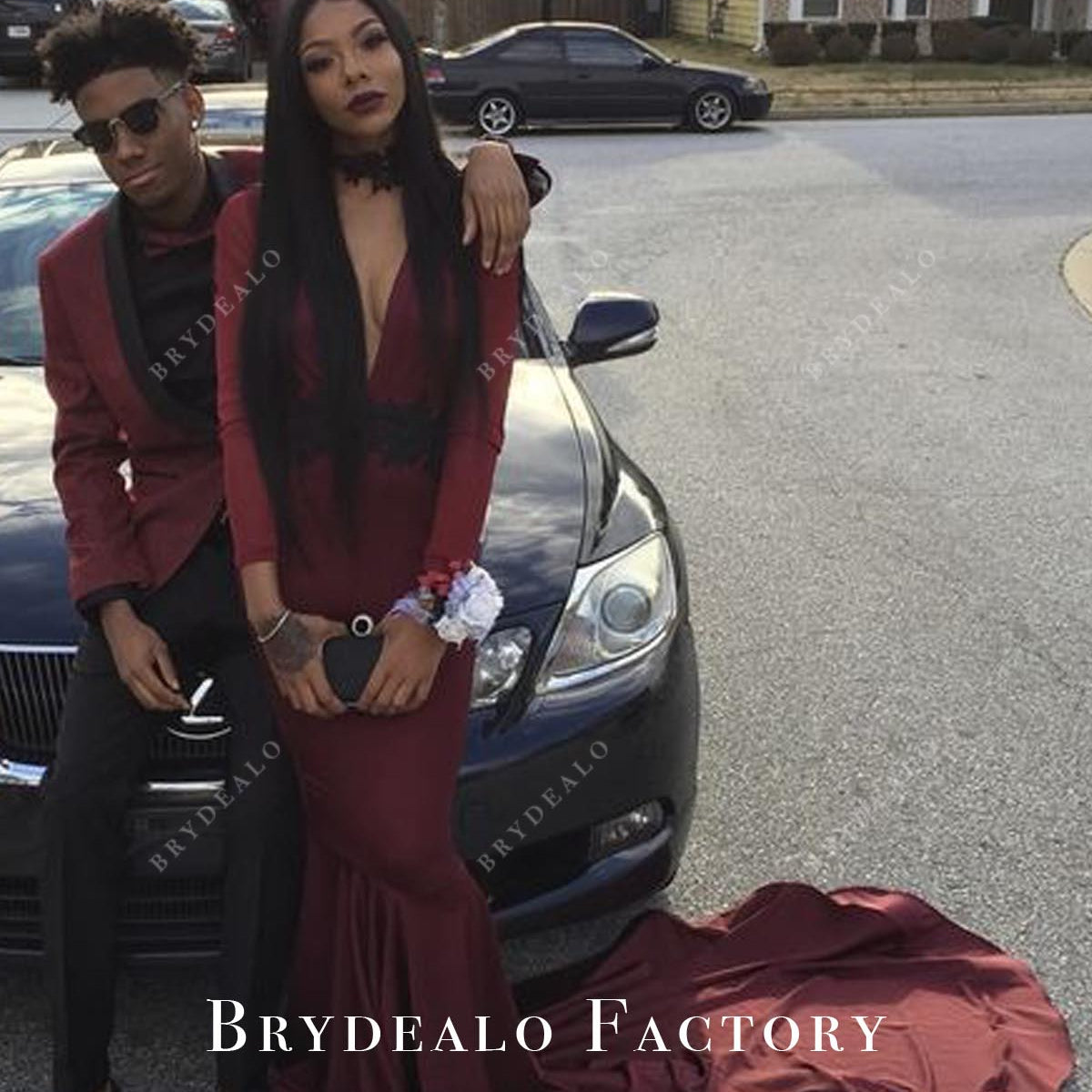 Plunging Neck Long Sleeve Cabernet Jersey Mermaid Prom Dress Plunging Neck Long Sleeve Cabernet Jersey Mermaid Prom Dress