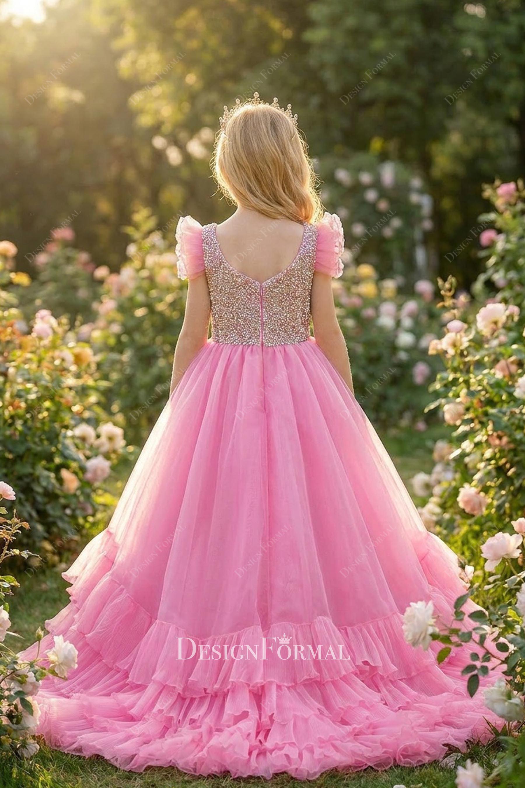 candy pink organza court train pageant ballgown