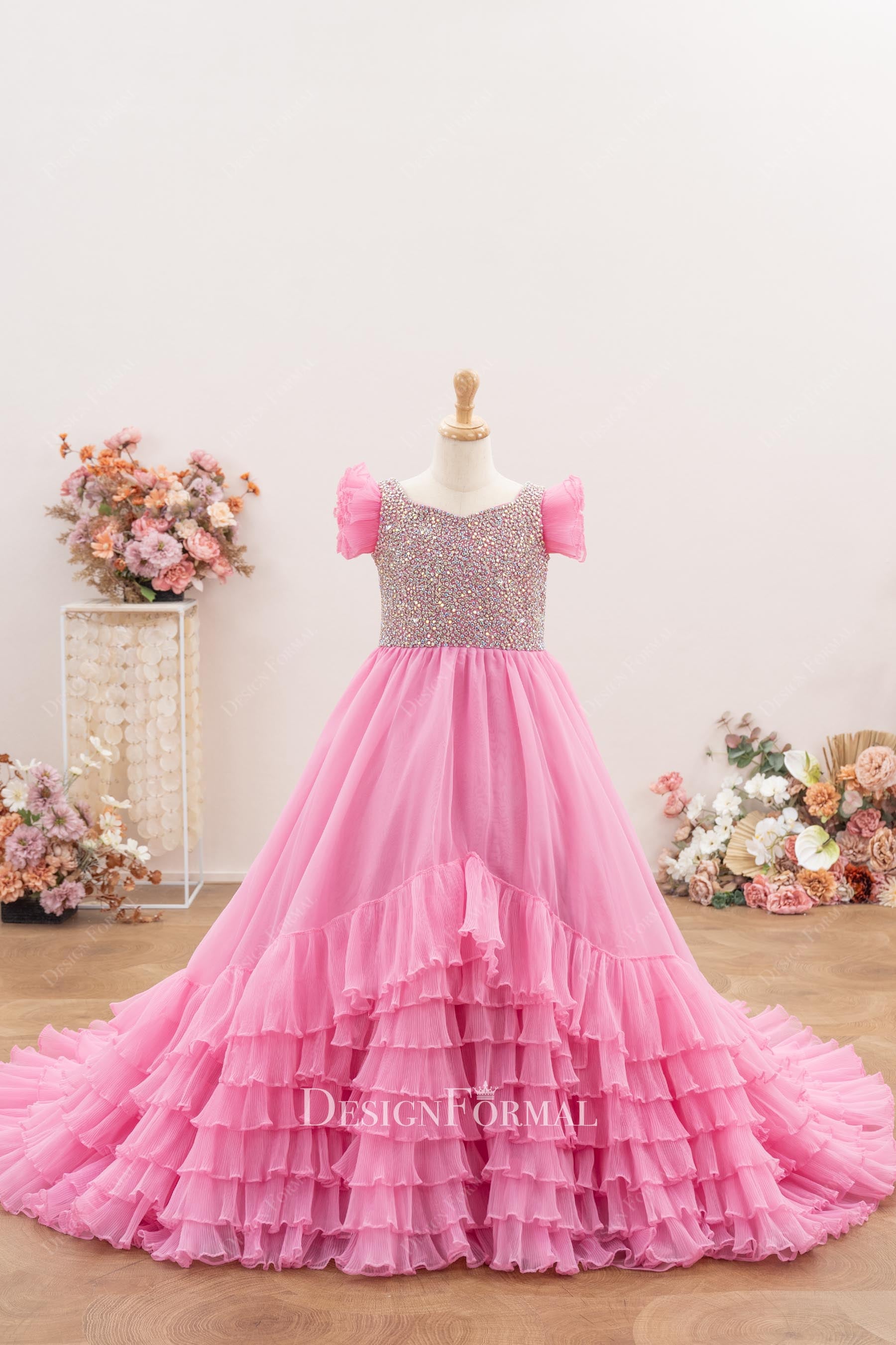 candy pink organza ruffled sleeve pageant ballgown
