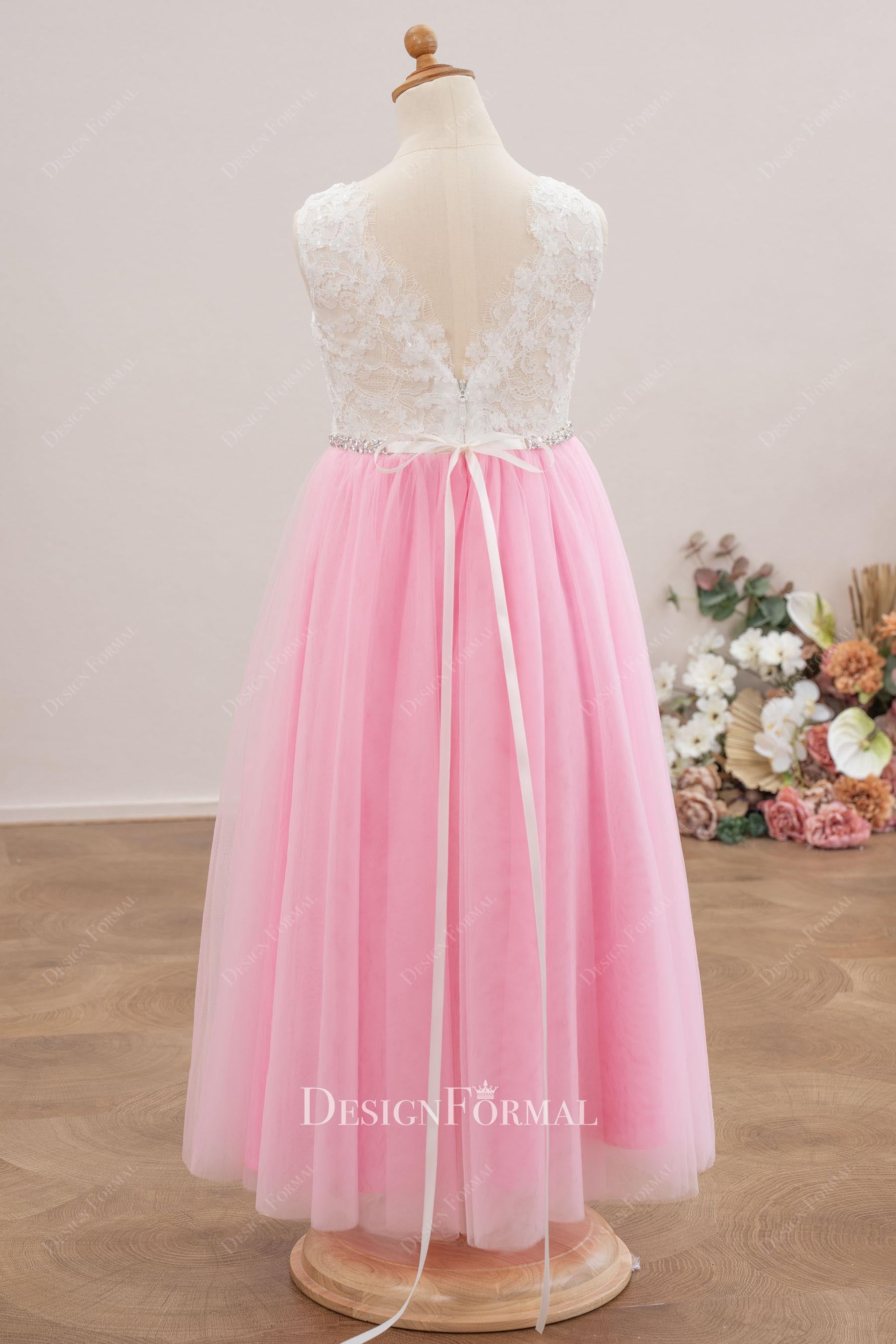 candy pink tulle a line flower girl dress
