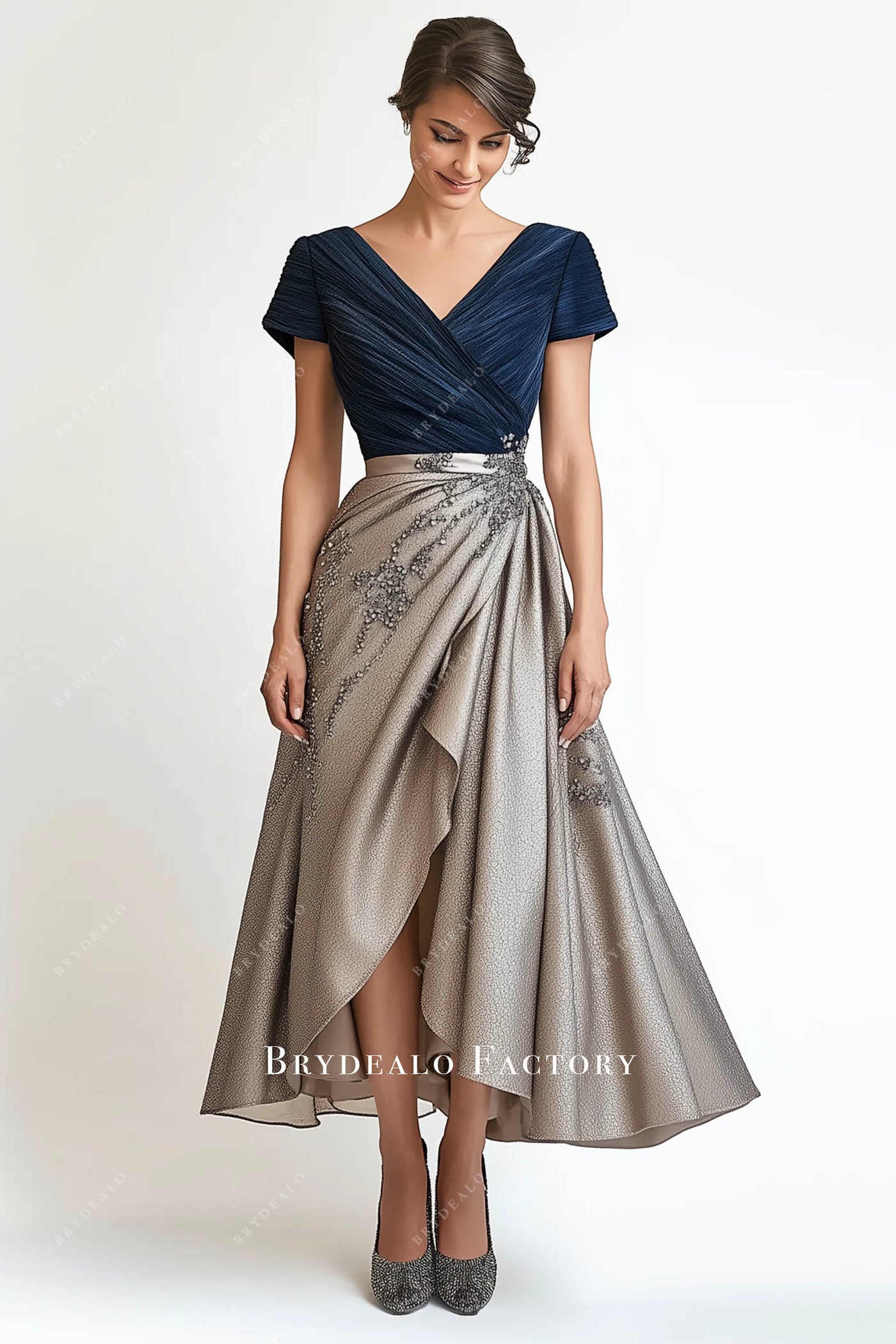 Demure Navy V-neck Ankle Length Khaki Mother of Bride & Groom Dress