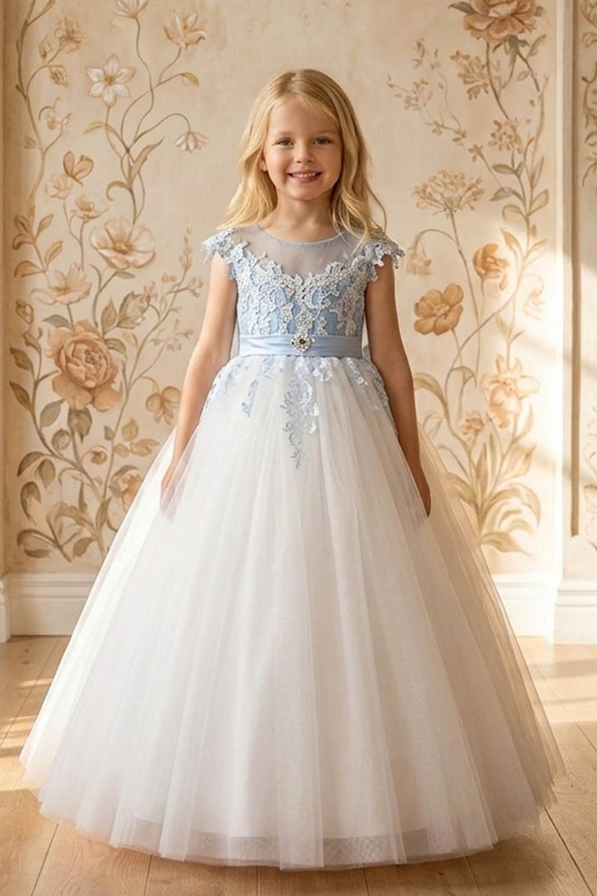 cap sleeve two-tone lace flower girl dress