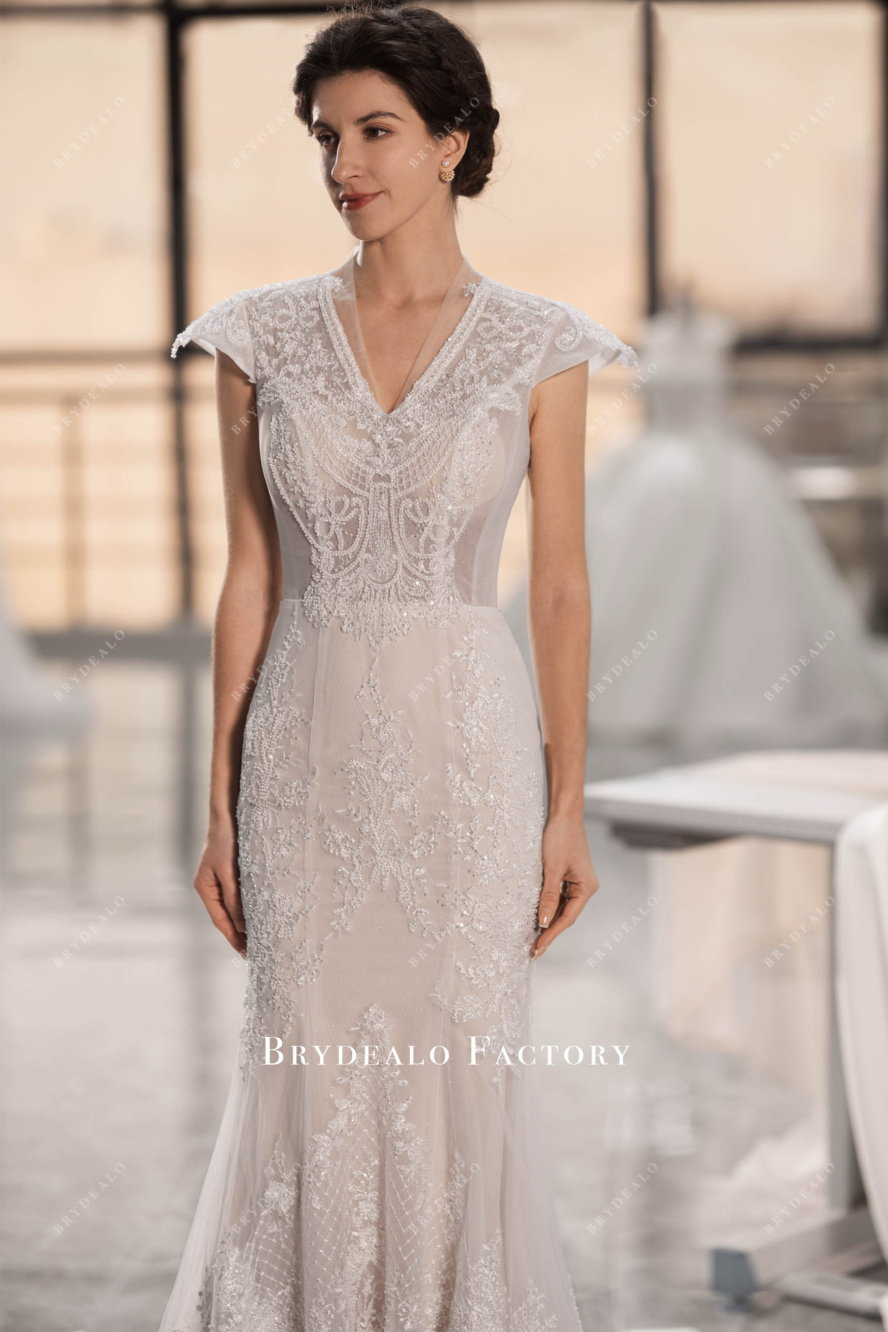 cap sleeves V-neck beaded lace bridal gown