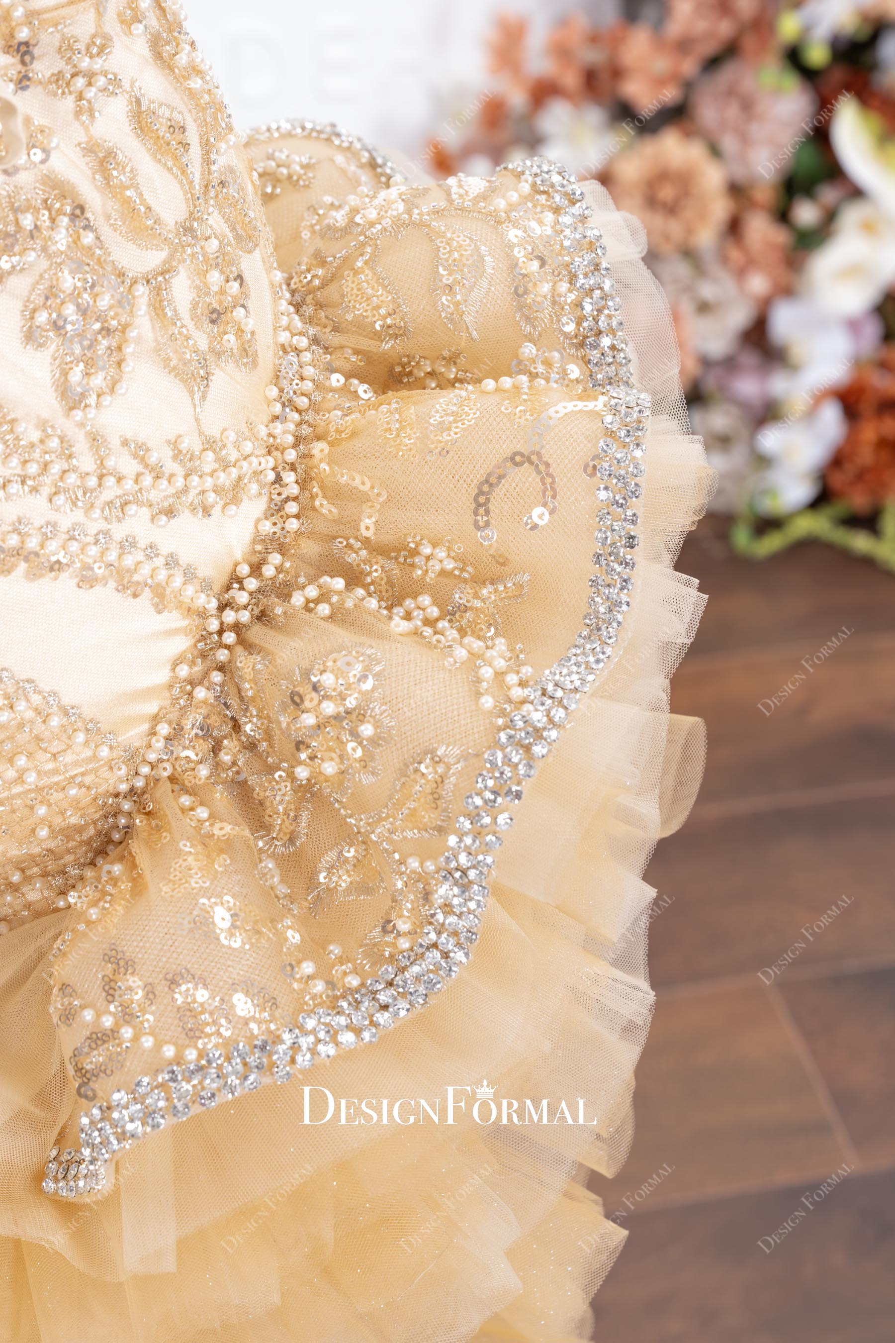 champagne beaded glitter prom dress