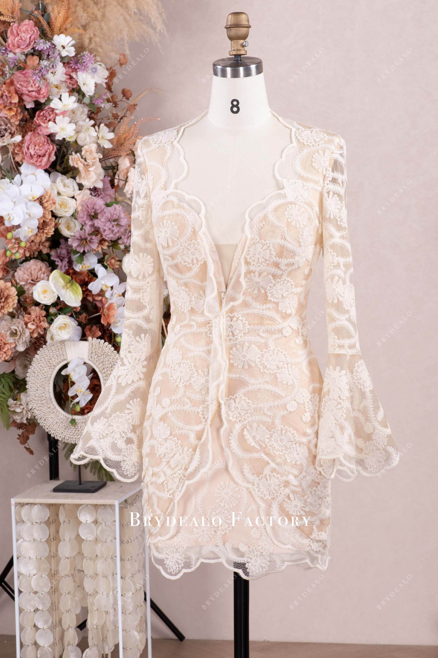 Champagne Lace Bell Sleeves After-Party Wedding Dress