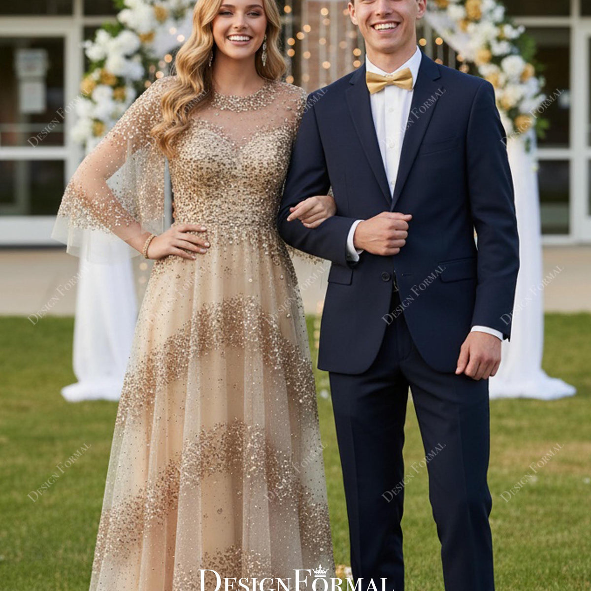champagne gold dress for wedding Champagne Gold Sparkly Flutter Sleeves A-line Prom Formal Dress