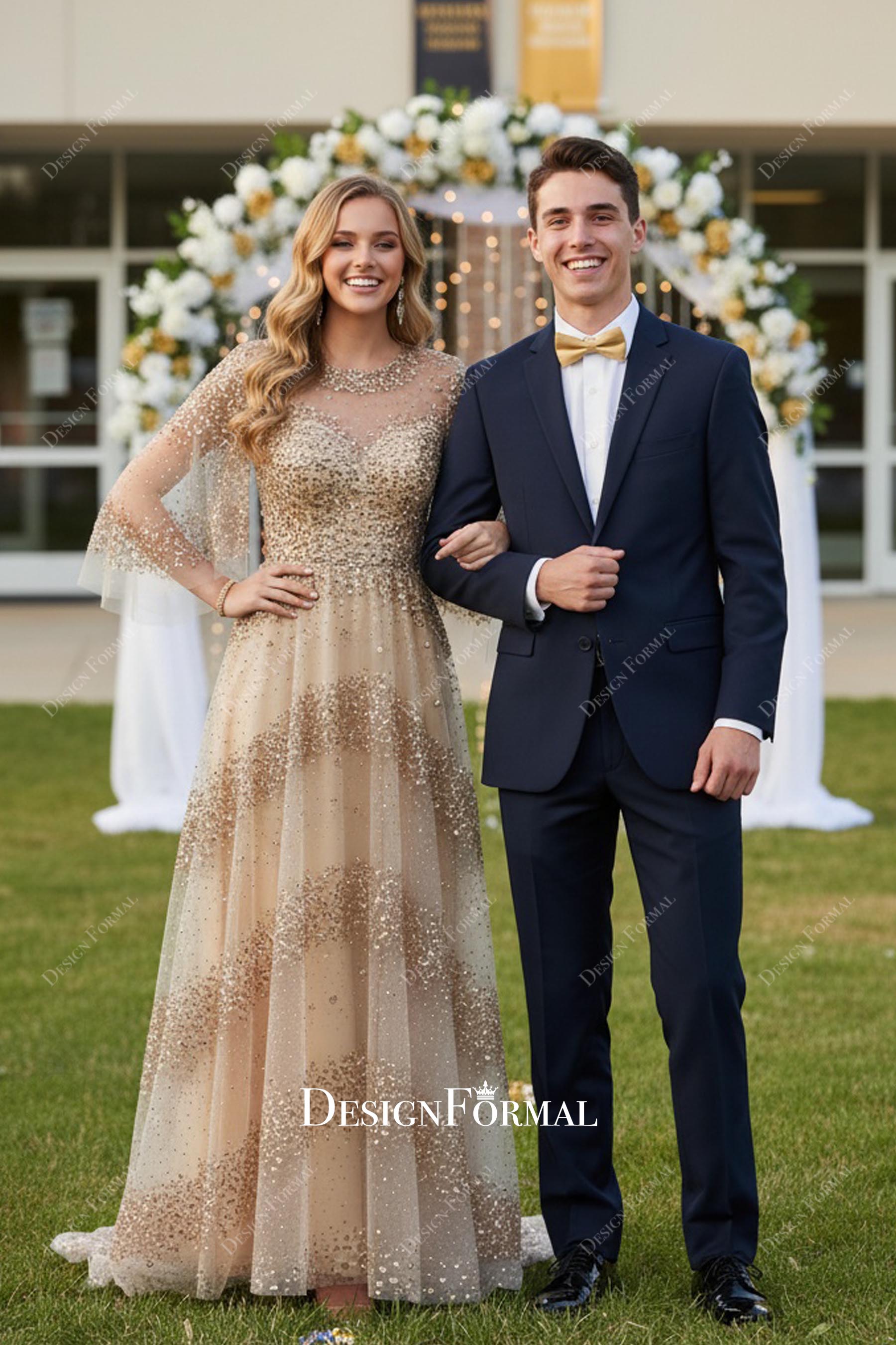 Champagne Gold Sparkly Flutter Sleeves A-line Formal Dress