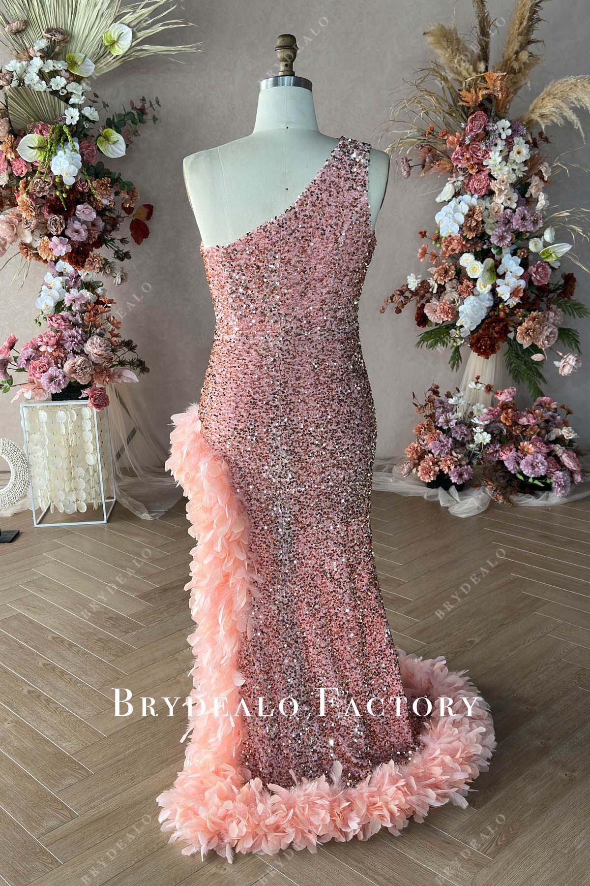 floor length sparkly sequin rose gold feather prom event gown