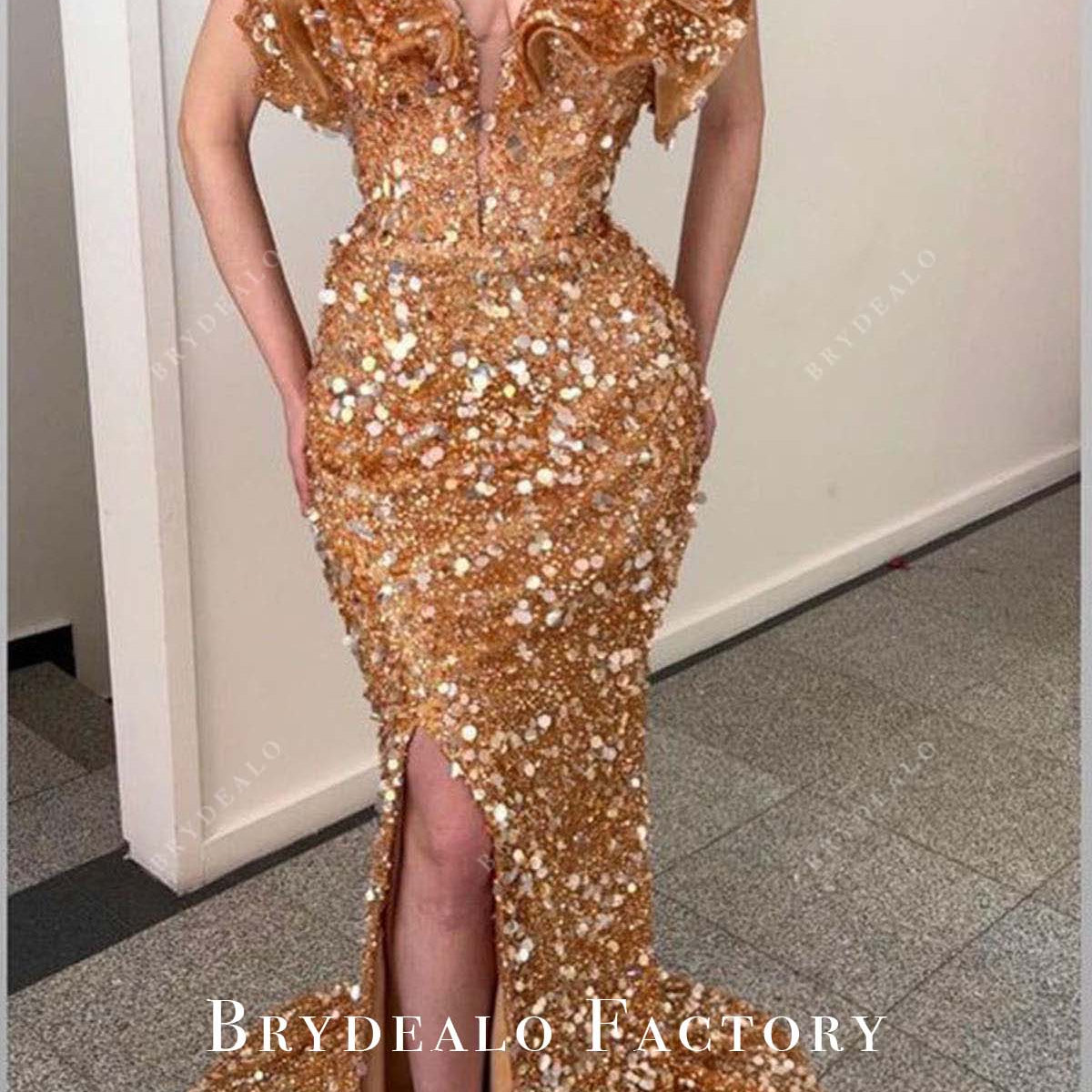 strapless open back dress Champagne Gold Sequin Strapless Plunging Slit Mermaid Prom Dress