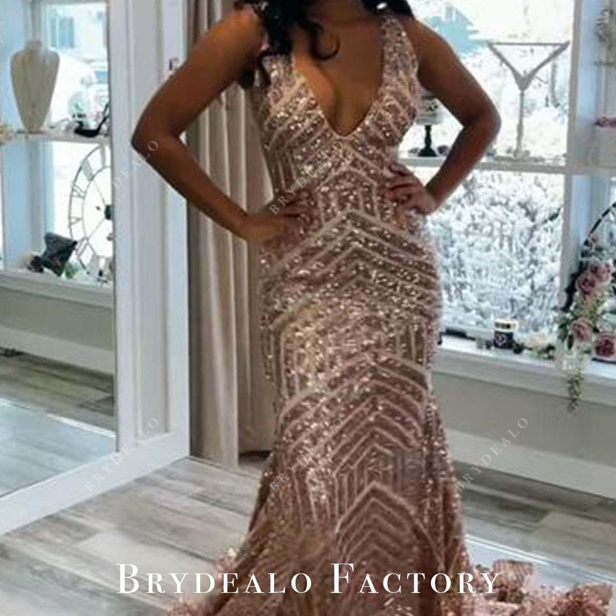 Champagne Gold Sequined Plunging Neck Mermaid Prom Dress