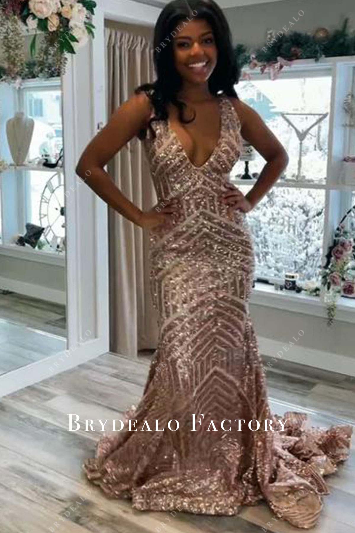 champagne gold sequined mermaid long train prom dress