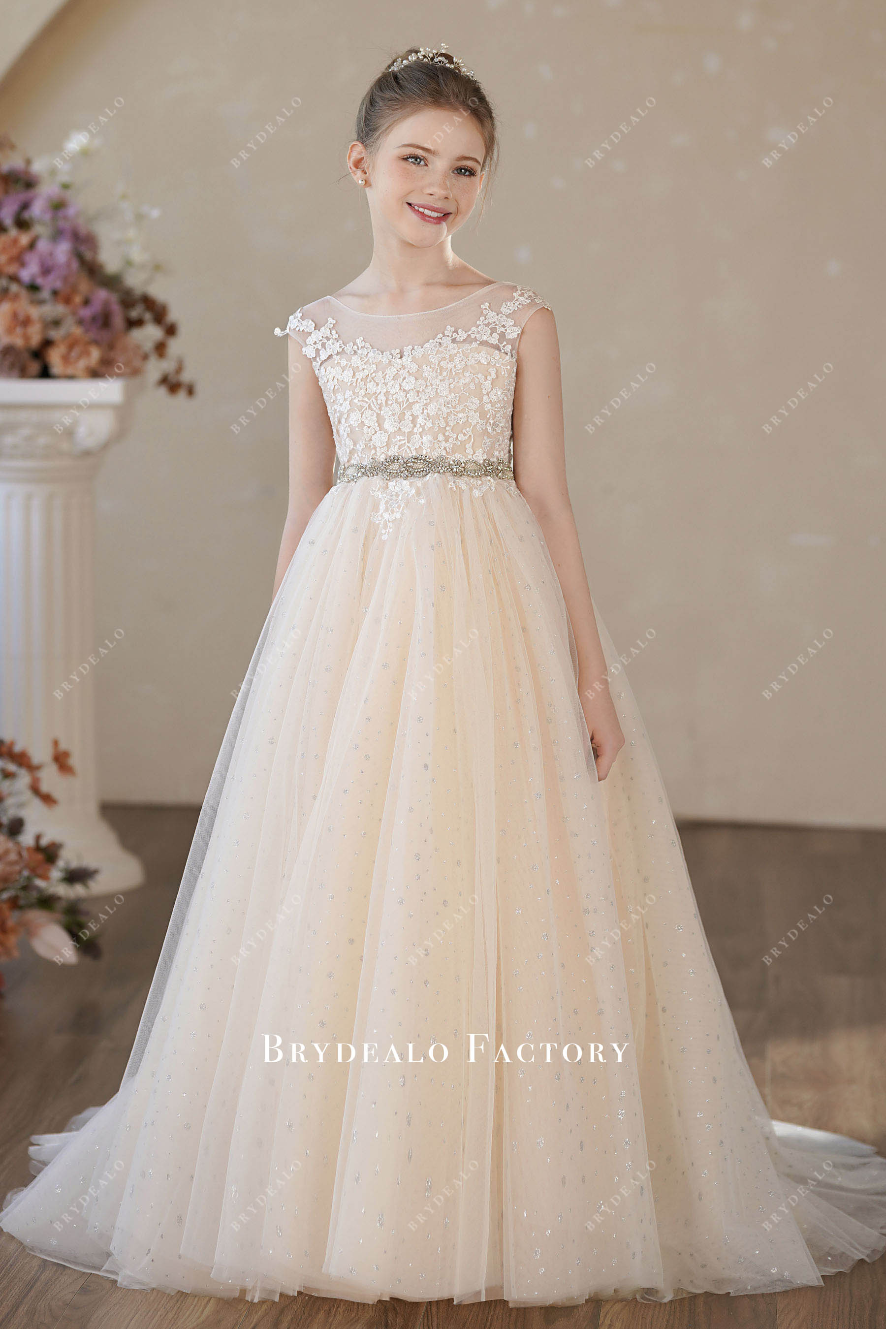 champagne lace tulle flower girl dress