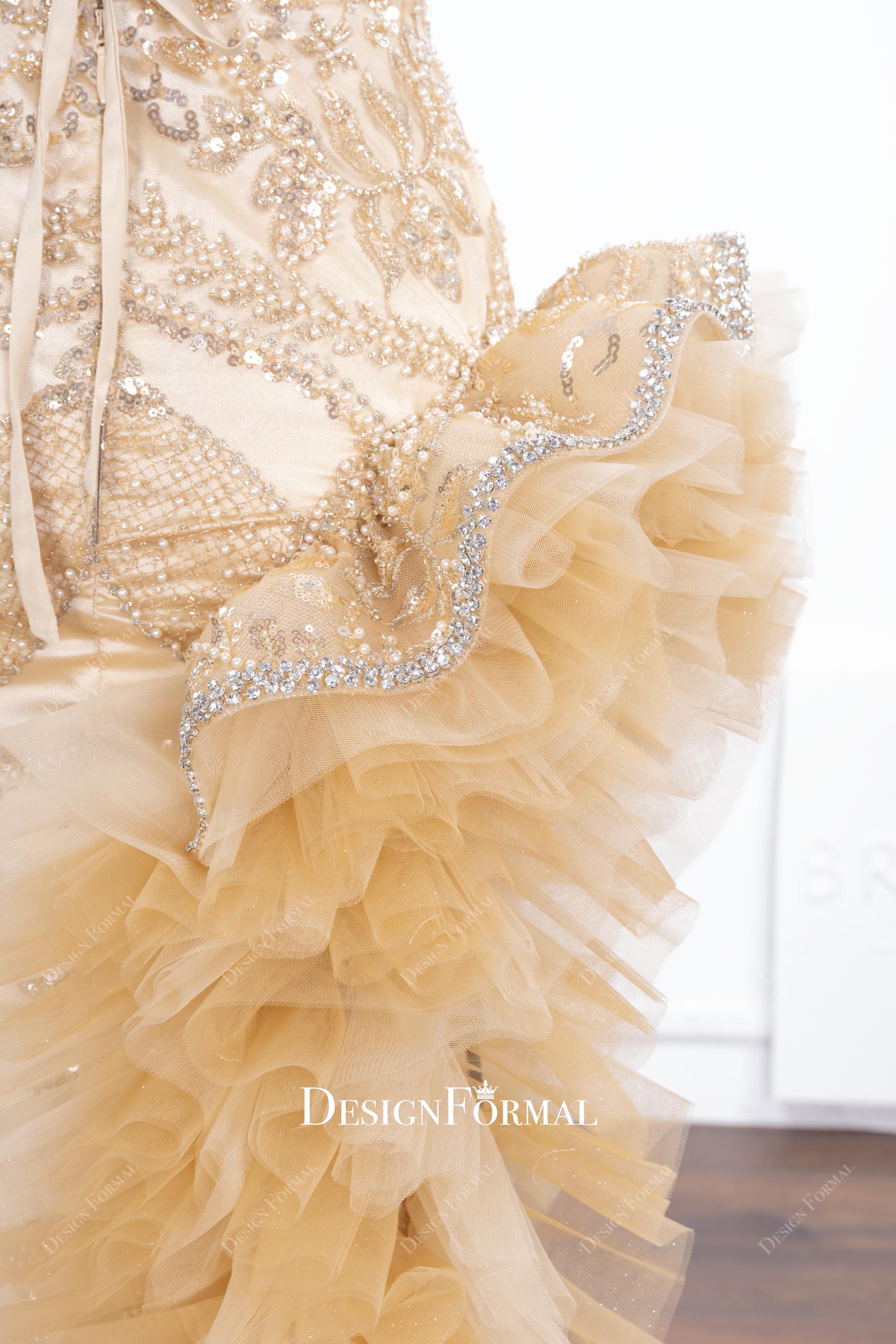 champagne ruffled prom dress