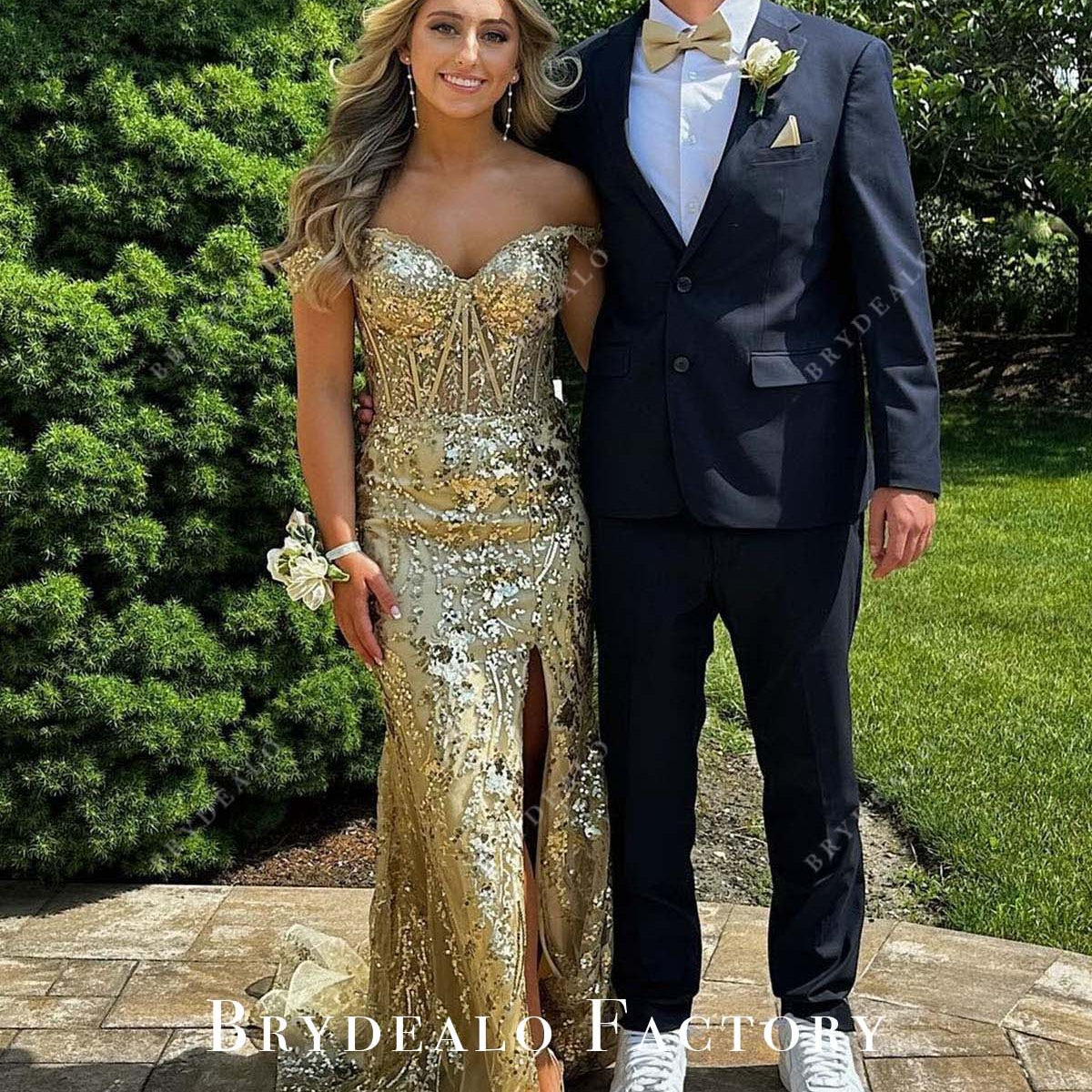 gold prom dress and tux Gold Sweetheart A-Line Lace Long Prom Dress With Split Golden / 14