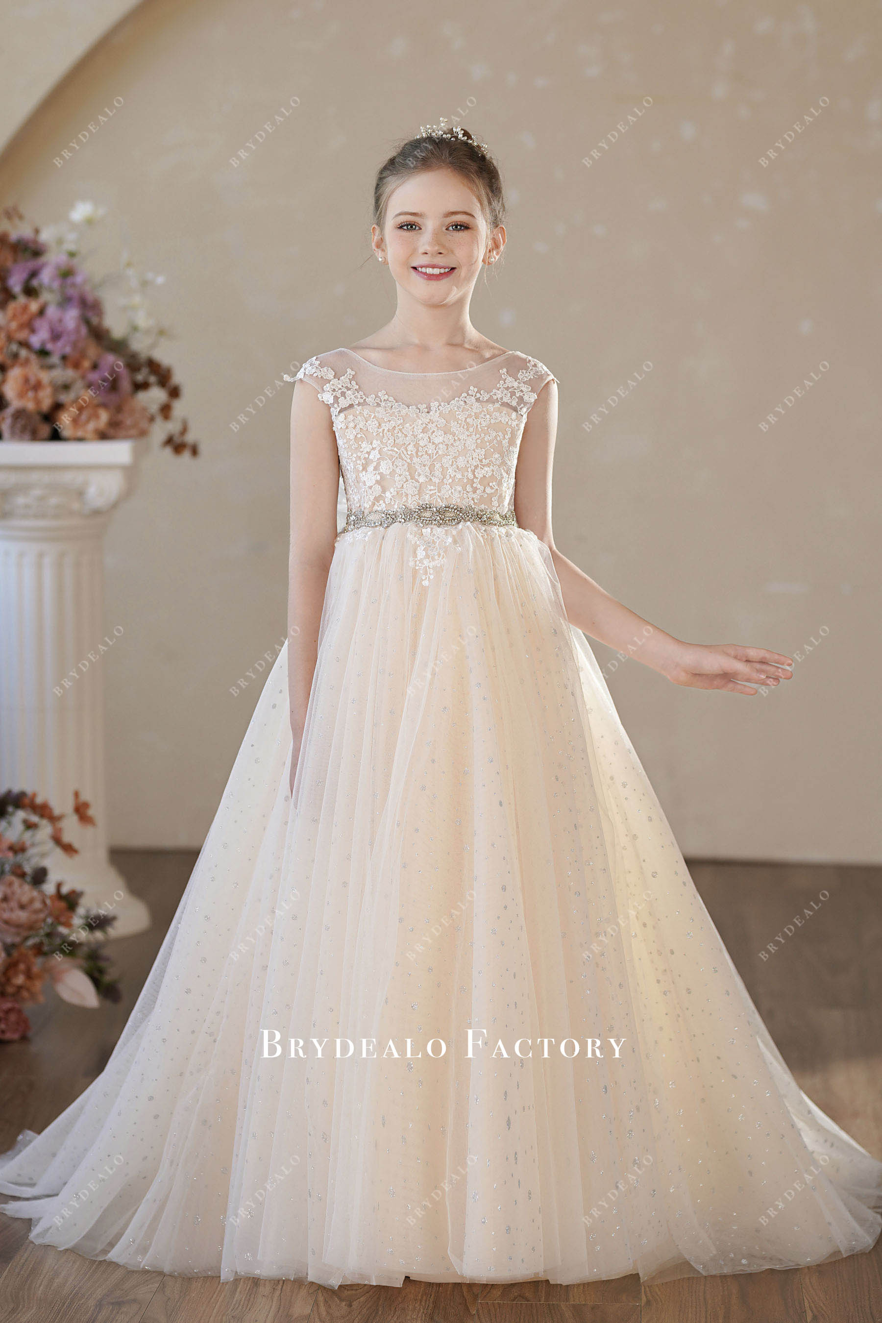 champagne shimmery puffy A-line flower girl dress