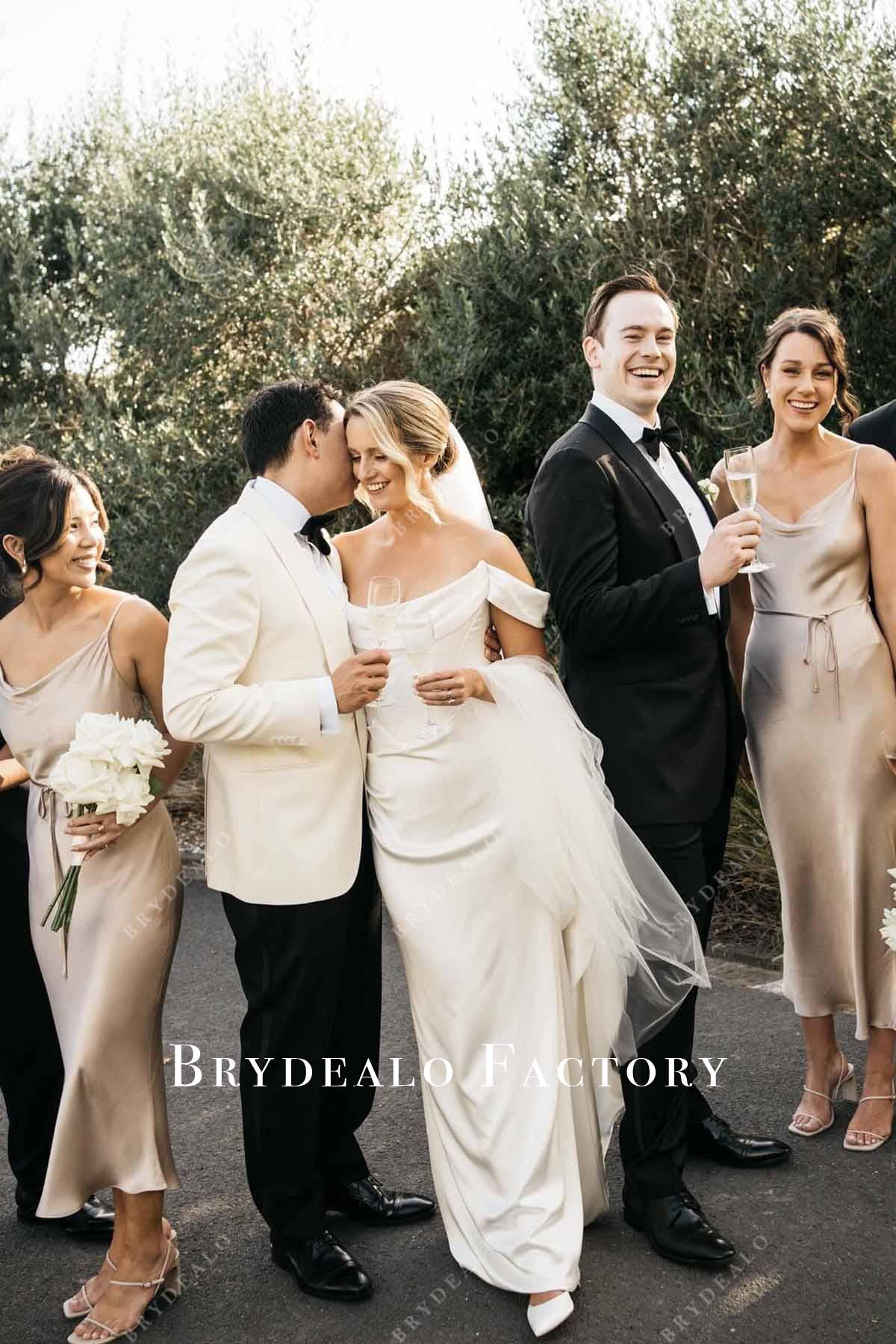 champagne tea length bridesmaid dress