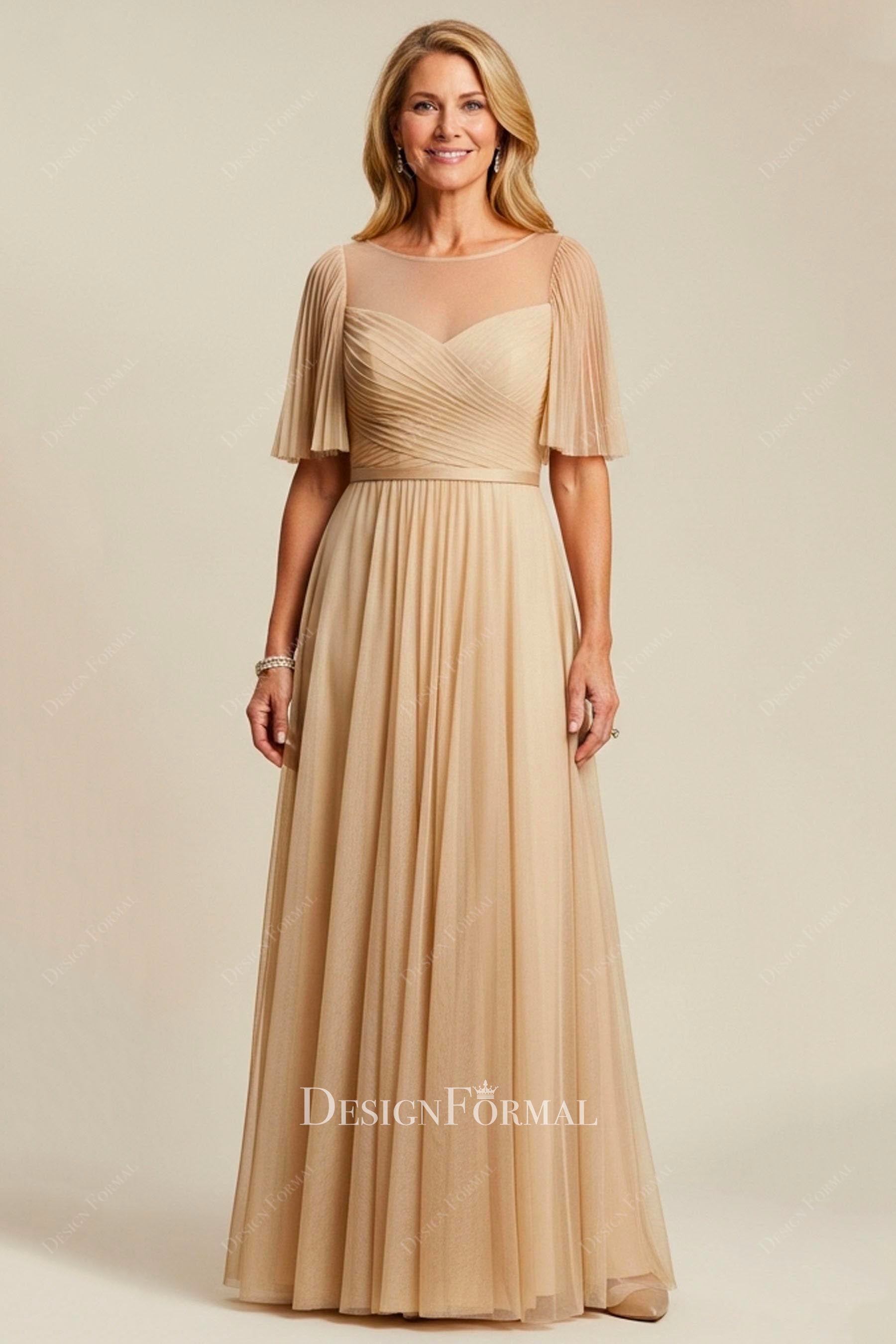 champagne tulle a line mother of bride dress