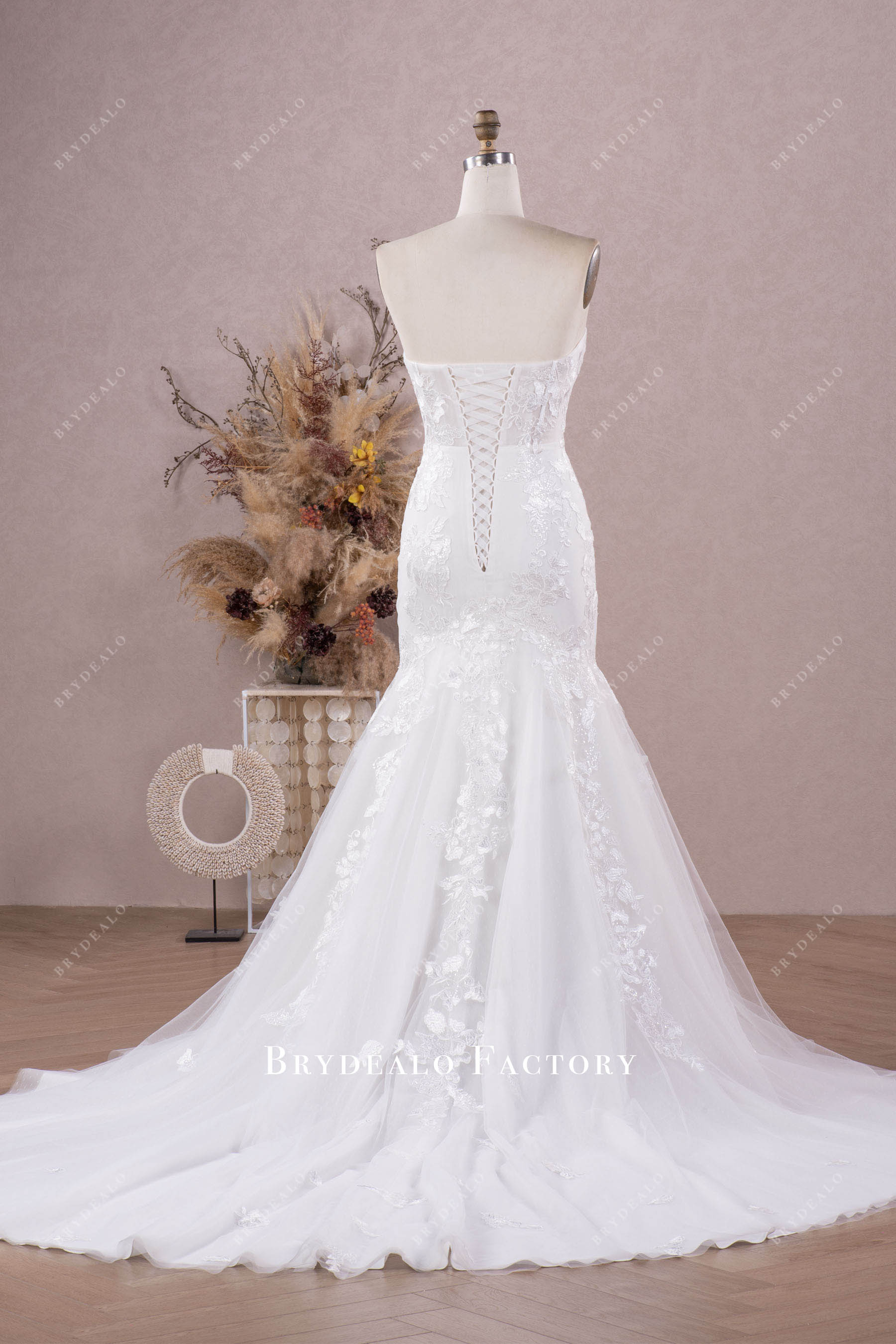 chapel lace up lace mermaid wedding dress