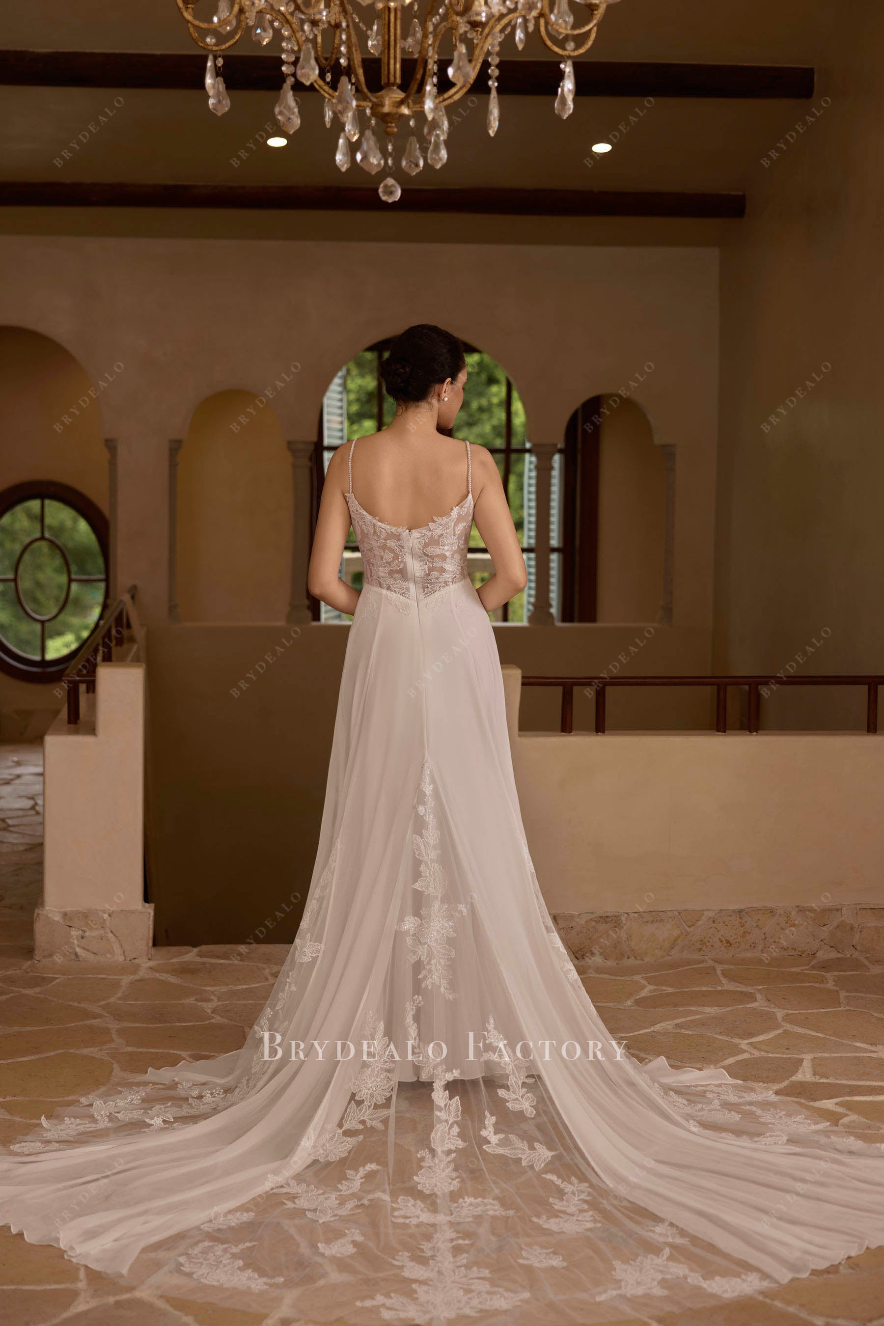 chapel length godet train bridal dress