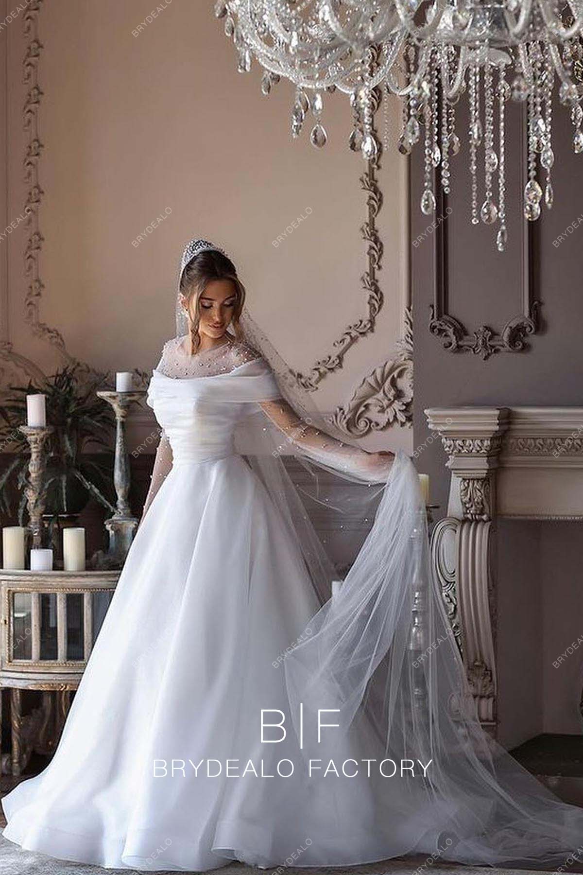 princess chapel train sheer sleeves ball gown bridal dress