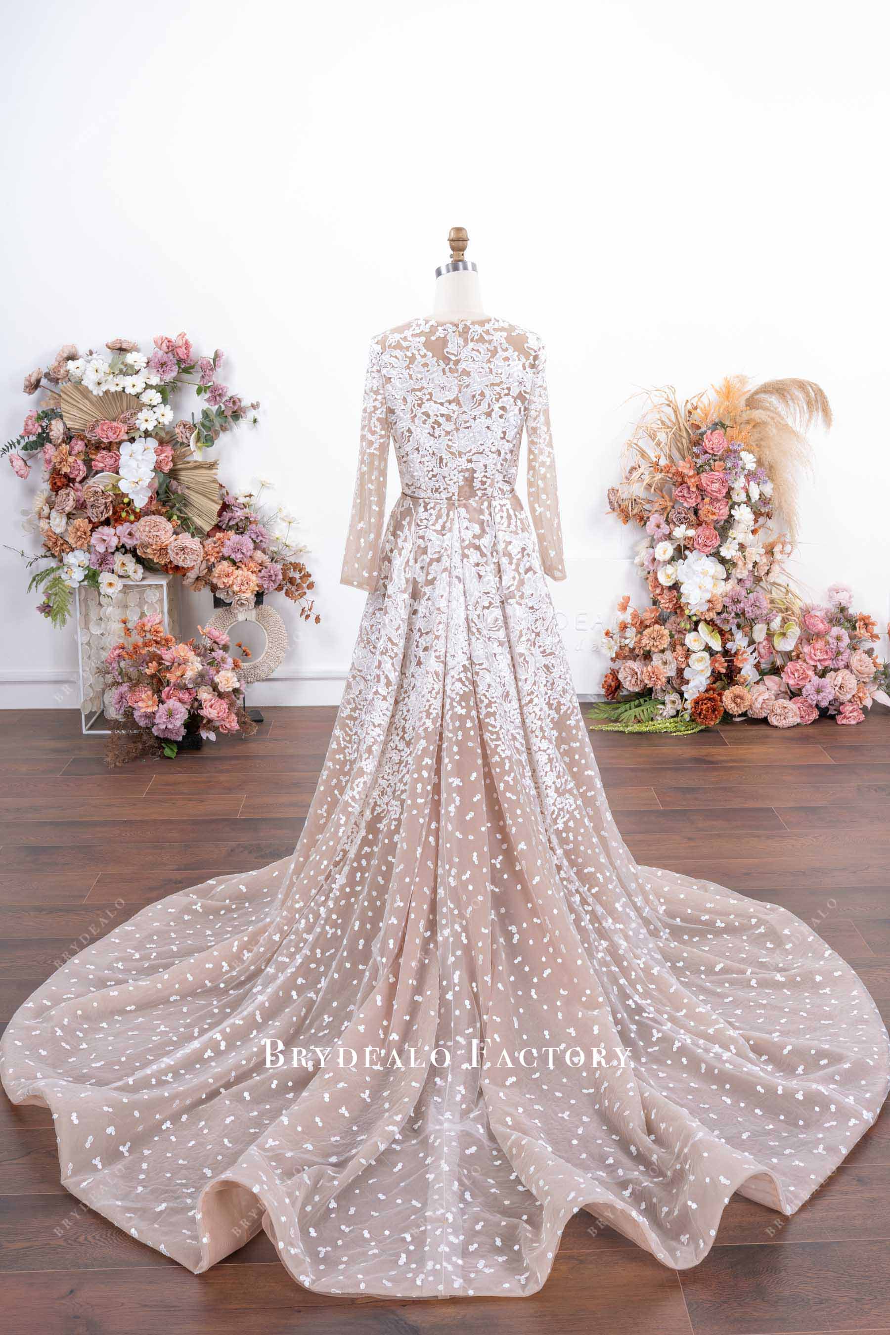 chapel train overskirt wedding dress