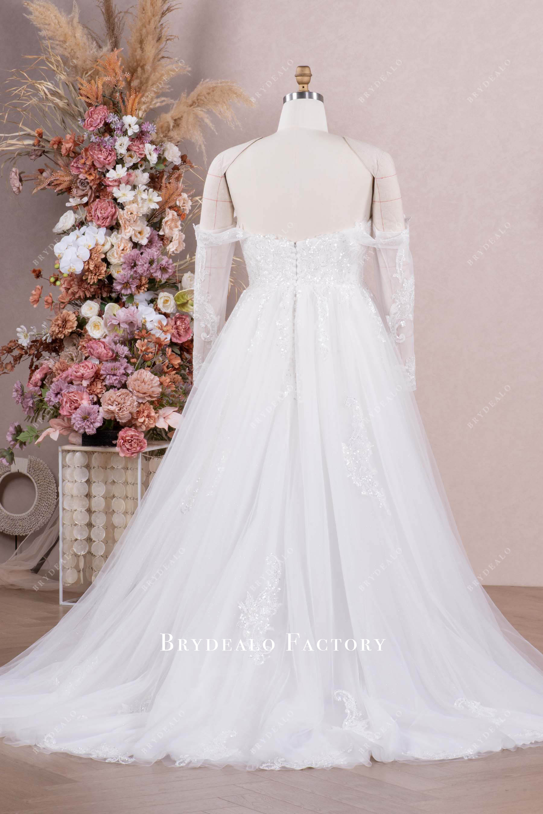 chapel train tulle wedding dress