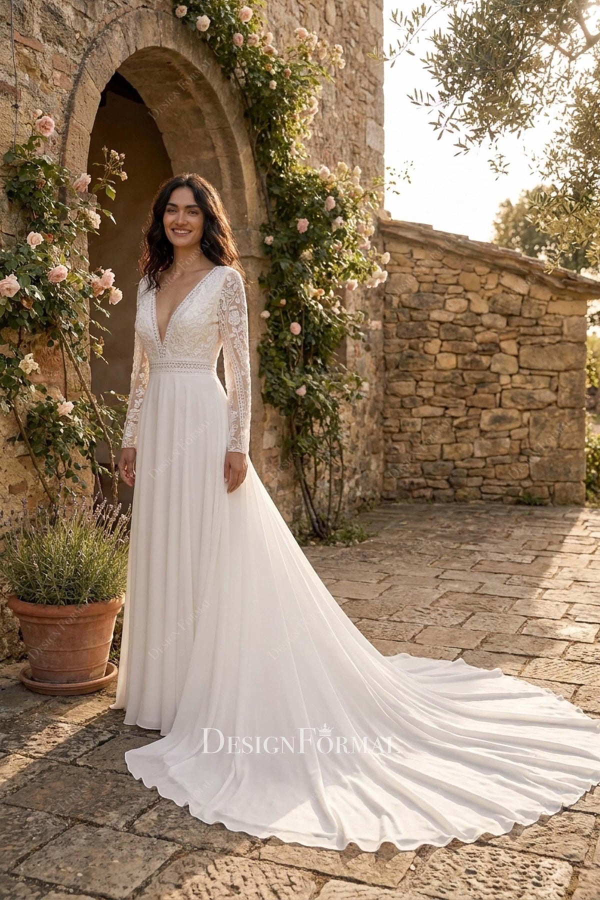 chiffon a line long wedding dress